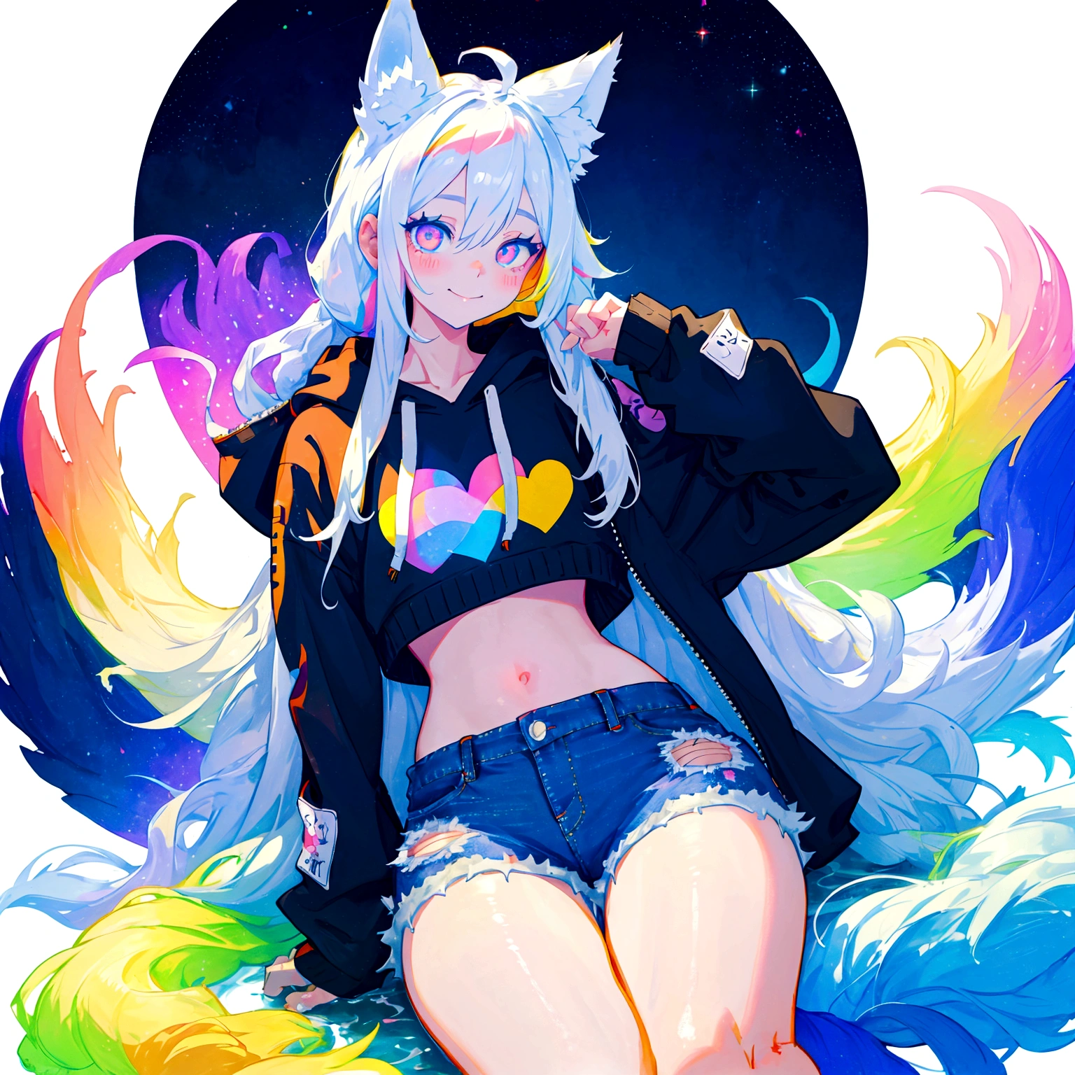 a cute adult male with wolf ears, long white hair, long locks, has a wolf tail, wearing a loose cropped black hoodie, wearing a pair of denim short shorts and fishnet stockings, thick thighs, wide hips, relaxing on mound of fluffy multi colored kawaii plushies, short, very slim, showing slender tummy, heart on hoodie, squishy thighs, has glowing blue eyes. alone, solo (ALONE)(SOLO), surrounded by rainbows, colorful galaxy backround, smiling