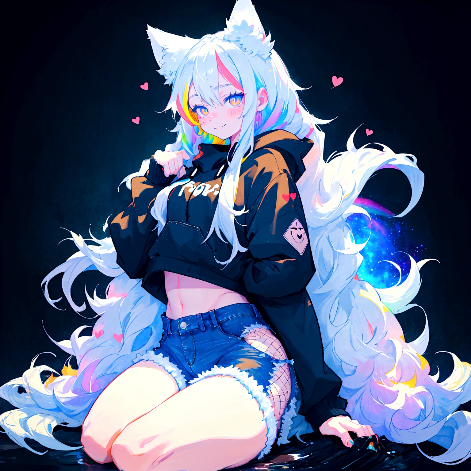 a cute adult male with wolf ears, long white hair, long locks, has a wolf tail, wearing a loose cropped black hoodie, wearing a pair of denim short shorts and fishnet stockings, thick thighs, wide hips, relaxing on mound of fluffy multi colored kawaii plushies, short, very slim, showing slender tummy, heart on hoodie, squishy thighs, has glowing blue eyes. alone, solo (ALONE)(SOLO), surrounded by rainbows, colorful galaxy backround, smiling