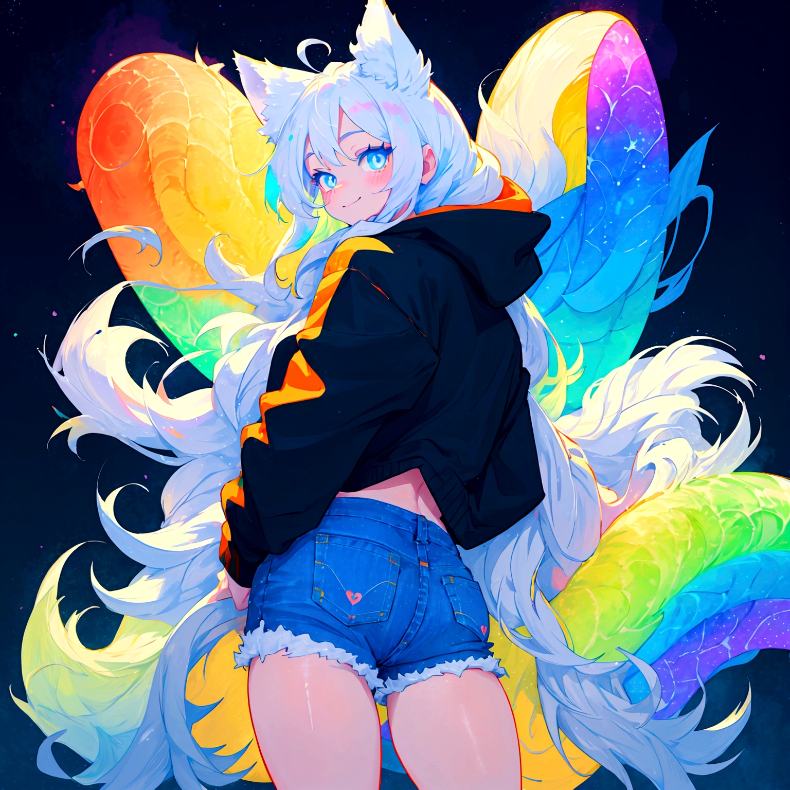 a cute adult male with wolf ears, long white hair, long locks, has a wolf tail, wearing a loose cropped black hoodie, wearing a pair of denim short shorts and fishnet stockings, thick thighs, wide hips, relaxing on mound of fluffy multi colored kawaii plushies, short, very slim, showing slender tummy, heart on hoodie, squishy thighs, has glowing blue eyes. alone, solo (ALONE)(SOLO), surrounded by rainbows, colorful galaxy backround, smiling
