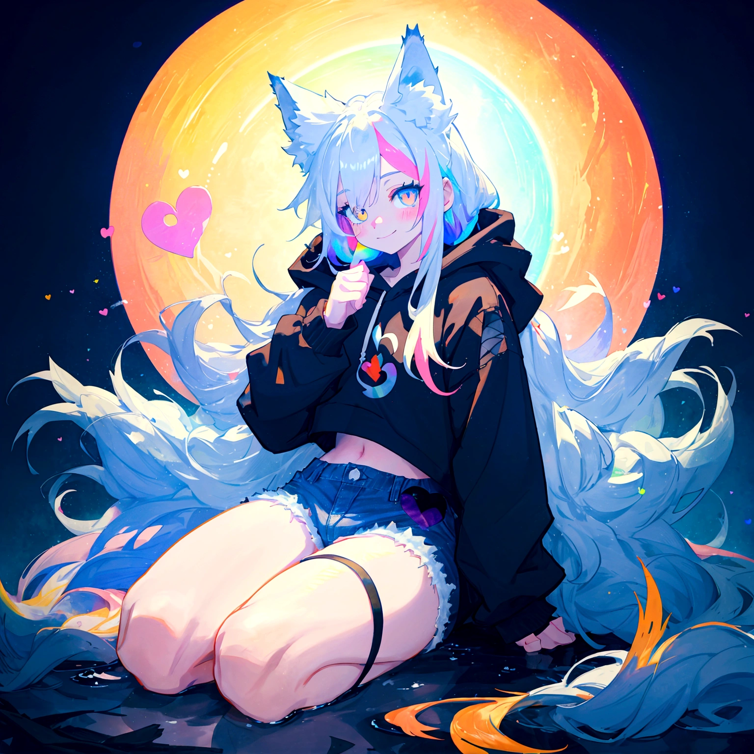 a cute adult male with wolf ears, long white hair, long locks, has a wolf tail, wearing a loose cropped black hoodie, wearing a pair of denim short shorts and fishnet stockings, thick thighs, wide hips, relaxing on mound of fluffy multi colored kawaii plushies, short, very slim, showing slender tummy, heart on hoodie, squishy thighs, has glowing blue eyes. alone, solo (ALONE)(SOLO), surrounded by rainbows, colorful galaxy backround, smiling