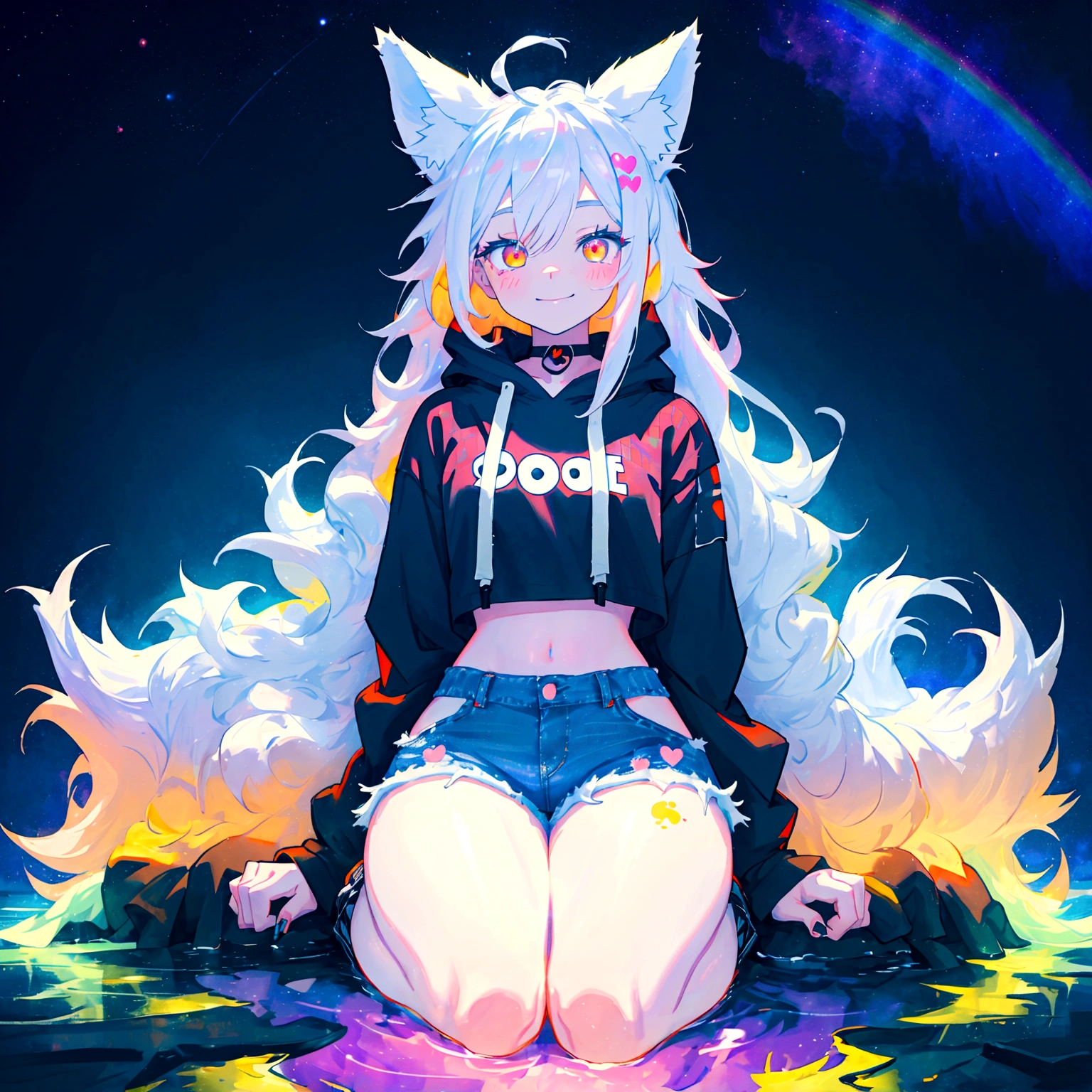 a cute adult male with wolf ears, long white hair, long locks, has a wolf tail, wearing a loose cropped black hoodie, wearing a pair of denim short shorts and fishnet stockings, thick thighs, wide hips, relaxing on mound of fluffy multi colored kawaii plushies, short, very slim, showing slender tummy, heart on hoodie, squishy thighs, has glowing blue eyes. alone, solo (ALONE)(SOLO), surrounded by rainbows, colorful galaxy backround, smiling