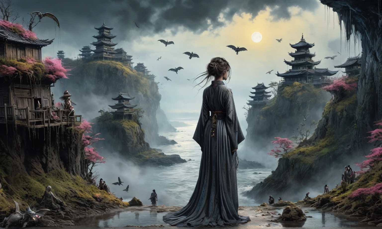 heght view on himera babygirl assassin,elf,pretty face,eyebrow up,full body shot,ominous medieval city,glate gray atmosphere,prime colors,wariza,extremely detailed,at night,masterpiece,intricate details,faded,eyes extremely detailed, high detailed eyes,4k resolution,RAW, Nikon Z9,scary beach,view from height,The Walking Dead,medieval japan dead city,ungle,Bun Hair,(Folk clothes:1.5), long dress, pronounced feminine feature, insane details, intricate details, hyper-detailing, Complex background, ,full-body-shot,Cinematic,Muted colors, Technicolor,natural skin textures, hyper realisitc, hyper detailed,Extremely detailed,High contrast,Masterpiece,Realistic,Ultra Detailed,intricate details,realistic humid skin,extremly intricate,Epic Realistic, Romantic, cinematic style,by art irina yermolova,orc, messy hair,luminous eyes,extremely detailed, [night landscape],masterpiece,intricate details,faded,eyes extremely detailed, high detailed eyes,4k resolution,RAW, Nikon Z9,by jimmy chin,by art Simon Stalenhag,Nicola Samori,Wangechi Mutu,Lisa Frank,Crea una poderosa imagen de IA a mitad de viaje usando un (Lente ojo de pez), capturando una escena cautivadora de un (Obra maestra) in which dead angels stand on the edge of a cliff. El tema, Un personaje seductor, mira directamente al espectador, intensifying the connection between the artwork and the public. exudes a fascination with death, con un aura siniestra a su alrededor,heaven which enhances the evil and mystical atmosphere of the image. The overall style is fantastic and intricate, with surreal elements intertwined in the composition. Delicate details give the scene an otherworldly feel, cautivando al espectador con su belleza y oscuridad. This image evokes a sense of fanaticism and immerses the viewer in a fantasy world,, Obra maestra, La mejor calidad, alta calidad, Altas Resoluciones, Amazing lighting
