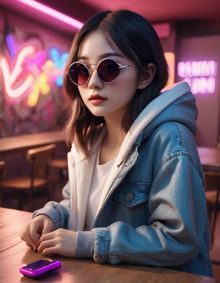 In a strange and lovely cafe, Furry kitten, crafted from Very detailed curling, Thin glowing colored smoke, Wear a rose hoodie,Wear Fashion、interesting、Giant shiny sunglasses. Against a backdrop of energetic neon format spelling VIKUSIA, Fainoho Today, Capture its magic in a digital art masterpiece. Incorporate volumetric 3D renderinging, octane rendering, and energetic graffiti elements to create a fantasy illustration that showcases its Fashion-forward style. Make it pop with a posters-worthy 3D rendering that embraces the essence of this captivating character ((Stunning and alluring views)). 3d, Very detailed, sharp focus, 8K, super quality, ultra high definition, crystal clear, bokeh. Black magic Pocket Cinema Camera 6K Pro 配备 Sigma 18-35mm f/1.8 DC HSM Art Lenses for Canon EOS 5D Mark IV Camera,With Canon EF 24-70mm f/2.8L II USM lens--ar 9:16 -- 5 o'clock.2 --750, architecture, energetic, wildlife photography, portrait photography, Fashion, cinematic, format, 3D rendering, posters, photo