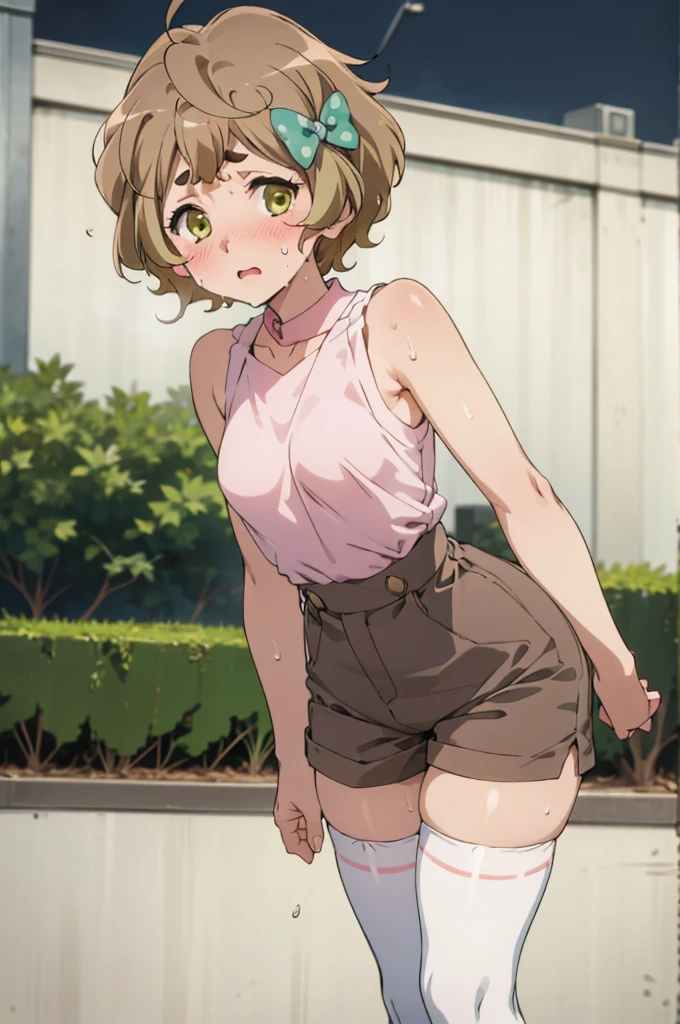 solo, 1girl, looking at viewer, , sapphire kawashima, ,(((Sweating,blush))),outdoor,night,standing,,socks,small breasts,nsfw,,high waist shorts,sleeveless shirts,thighhighs