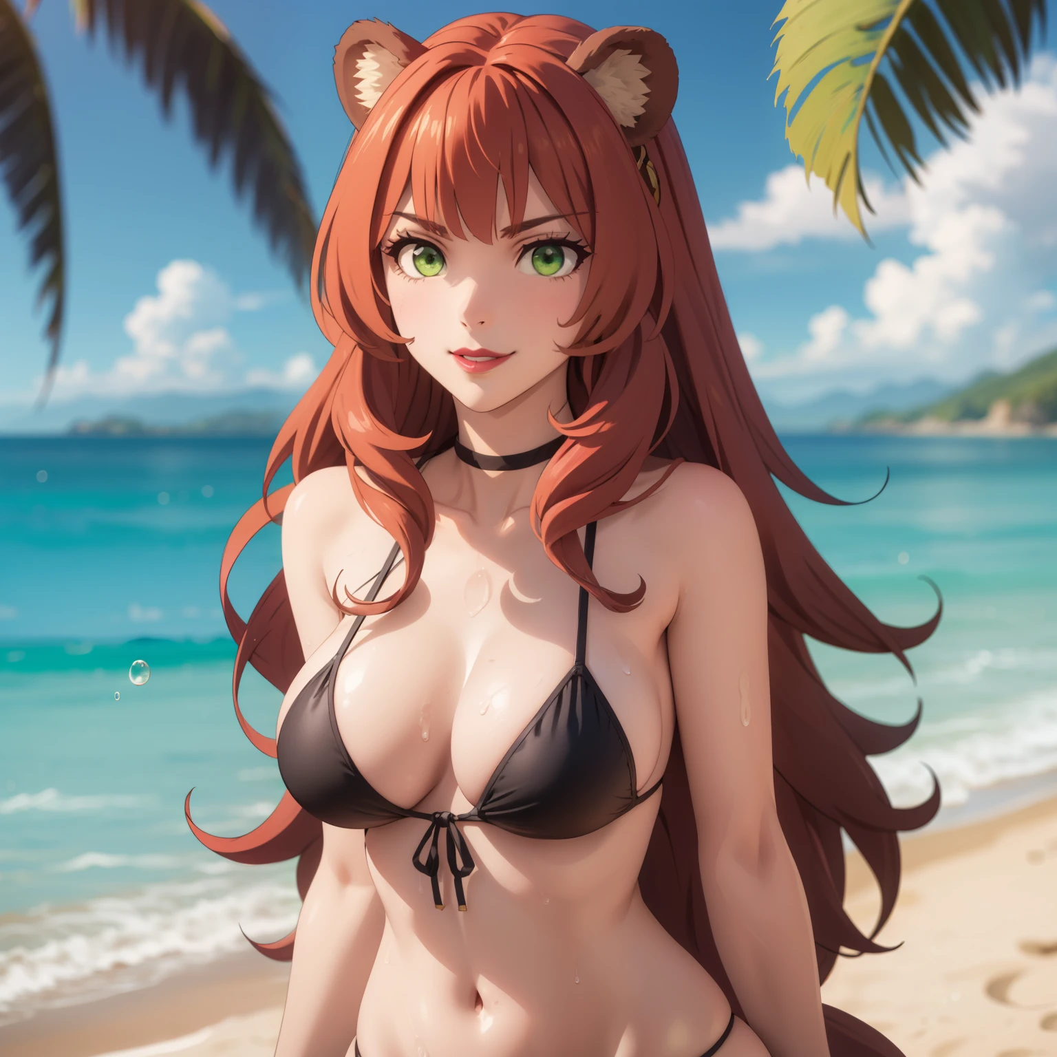 raphtalia, woman 25 years old , Red hair  ondulado, bear ears, green eyes like emeralds, Painted lips, big breasts. arrogant look,  sonrisa engreida, sexy black bikini, background a beach. pelo rojo, cabello rojo. gotas de agua en su pecho, cuerpo mojado. pose sexy, image de cuerpo completo.  pose sexy, 