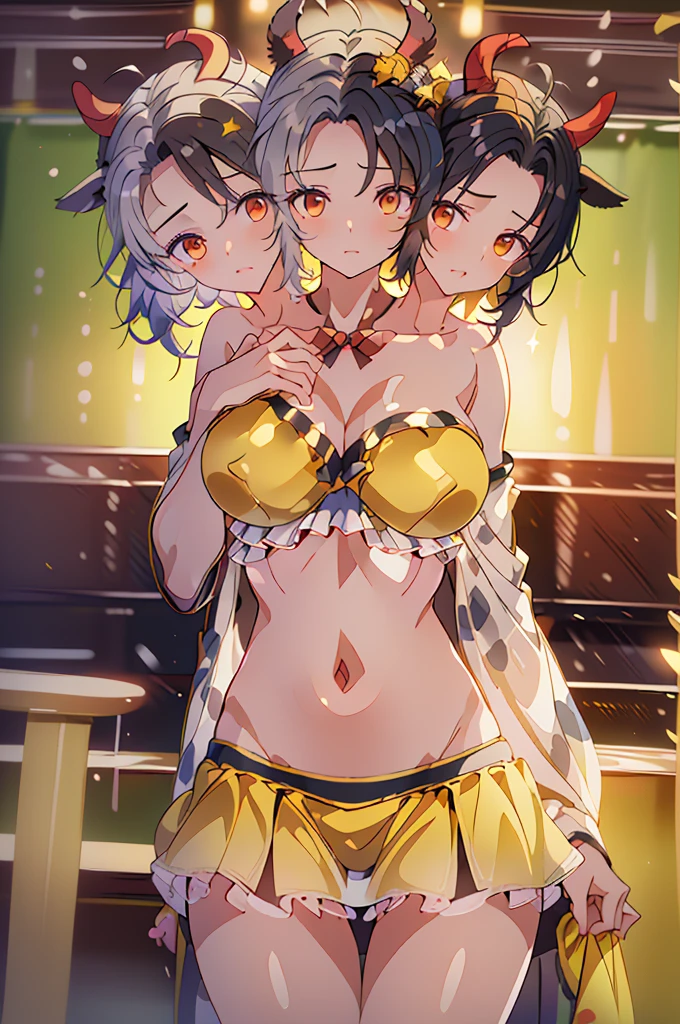 (masterpiece, best quality),best quality, (ultra-detailed), (3heads:1.5), 1girl, (ushizaki urumi:1.3), masterpiece, best quality, white top, crop top, ((stomach)), midriff, ((groin)), yellow skirt, normal ears, shackles, black hair, very long hair, wavy hair, sidelocks, red eyes, parted lips, single horn, sweat, cute, toned belly, hand on own chest, eyelashes, (24 year old woman:1.3), (masterpiece:1.4), (best quality:1.4), (beautiful detailed extremely detailed CG, extremely delicate and beautiful, depth of field, (finely detailed face), (perfect details:1.1), (mature female:1.3), wide pelvis, slender, large veiny breast, 8k resolution, very high quality, very high definition, extremely detailed, masterpiece, black hair, long hair, alluring presence, braid, short skirt, close up, big , young, star hair ornament, yellow ribbon, side ponytail, cabbie hat, hair ornament, two-tone hair, split-color hair, japanese clothes, horns, cow girl, cow horns,