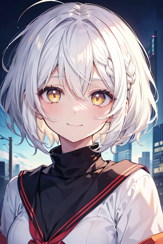 girl, cute anime girl, smiling, white hair, short hair, hair in a braid on the side, messy hair, big eyes, yellow eyes