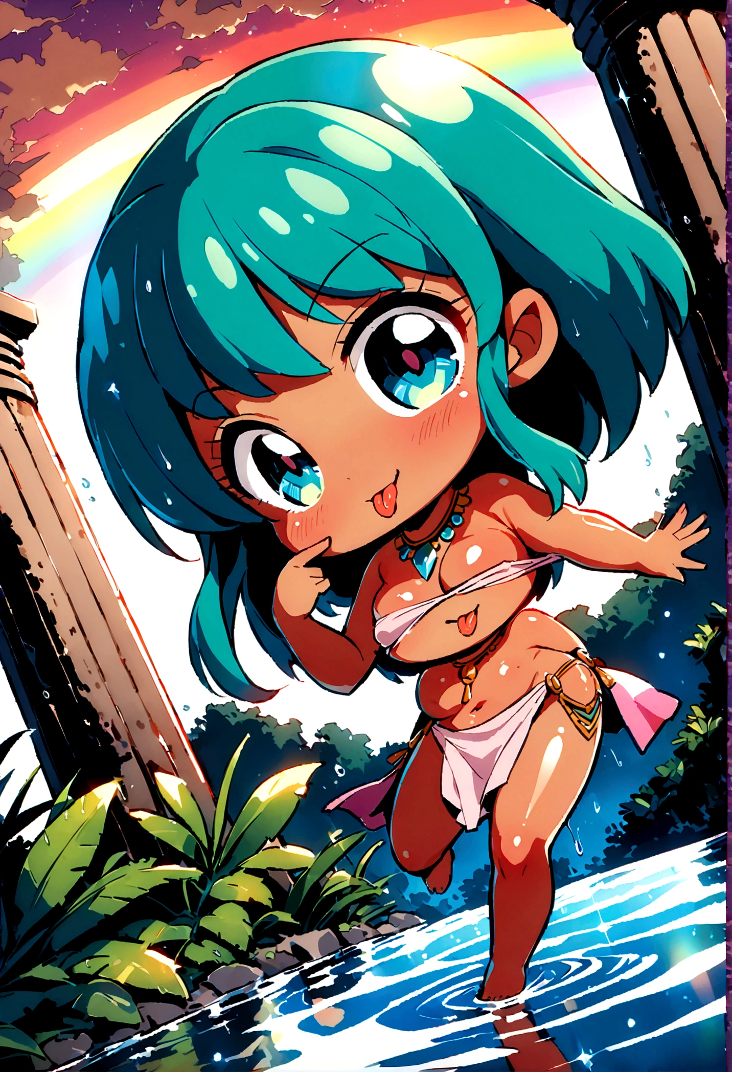 score_9, score_8_up, score_7_up, lum, solo, retro artstyle, 1980s style, blue eyes, eyeshadow, green hair, bangs, aqua hair, dynamic angle, large breasts, large ass, little tribal,(((little,small tiny body,chibi,small))),(((6 ))),(((1 toddler:1))),(baby face),ce),(big forhead:1.2),(beautiful big eyes:1.3),extremely detailed cute anime face,((((long twin braids,tight braids,long braid,braided hair,long hime cut,dark hair,colored inner hair)))),intricate eyes,beautiful detailed eyes,symmetrical eyes,(big eyes:1.5),((((lustrous skin:1.5,tanned skin,bright skin: 1.5,skin tanned,shiny skin,very shiny skin,shiny body,Reflective skin)))),(((detailed face))),beautiful detailed lips, (cute,kawaii,(nsfw)),no top,no bra,loincloth with no panties,tatters,tribal,barefoot,bare arms,exposed belly button,necklace,((pink loincloth,wet loincloth,intricate loincloth)), dynamic pose,looking at viewer,embarrassed,centered,scale to fit dimensions,Rule of thirds, ((beautiful bath house made of greek marble and pillars, beautiful clear water in pool)),scenery:1.25,((intricate scenery)),((greek temple background)),outdoors,overgrown,(overgrown background,glowing crystals,bioluminescent plant),extremely scenery,(((glowing crystals,bioluminescent plants))),(puddles everywhere,moss,moss on the background),clouds,lily pads,palms,reeds,(sunset, golden hour), (Glossy Egyptian ornaments),highres,sharp focus,(ultra detailed,extremely detailed),(extremely detailed CG unity 8k wallpaper),(((vibrant colors,vibrant theme))),(intricate),(masterpiece),(best quality), ((Eyelid pull)), ((tongue out)), rainbow in pool,