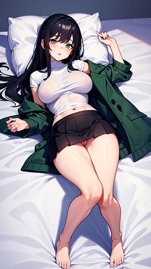 A girl who was sleeping on her back. She has big breasts and has a sexy body. It has a beautiful and white face. It has long black hair. Wearing a green jacket and wearing a white t-shirt and wearing a short black skirt. Her breasts are shown. She undresses to reveal her genitals. Sleep straight on your back. The background on the mattress is white. Full-body view from head to toe