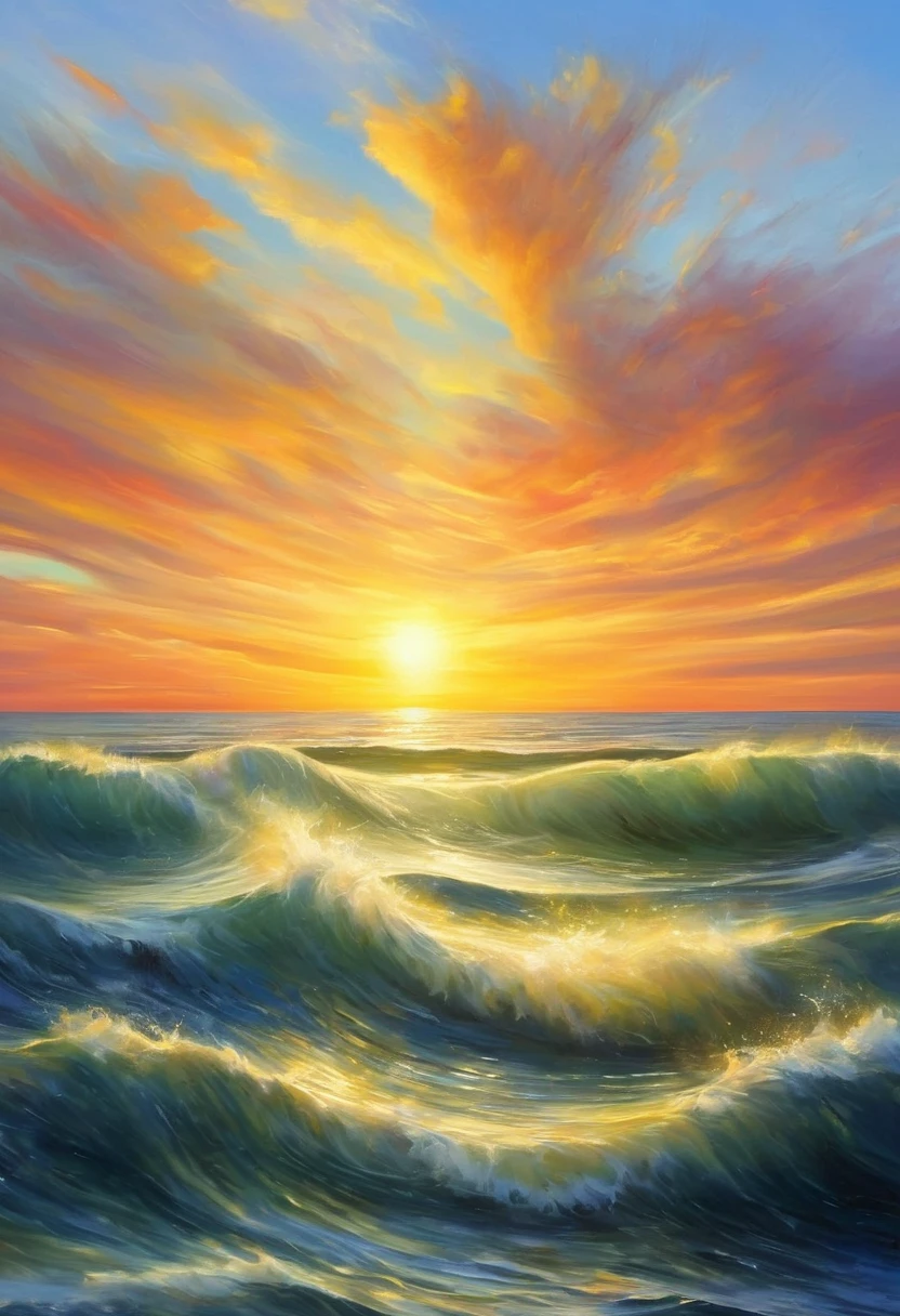 An oil painting，sunrise，Ocean，horizon，peaceful，hour glass