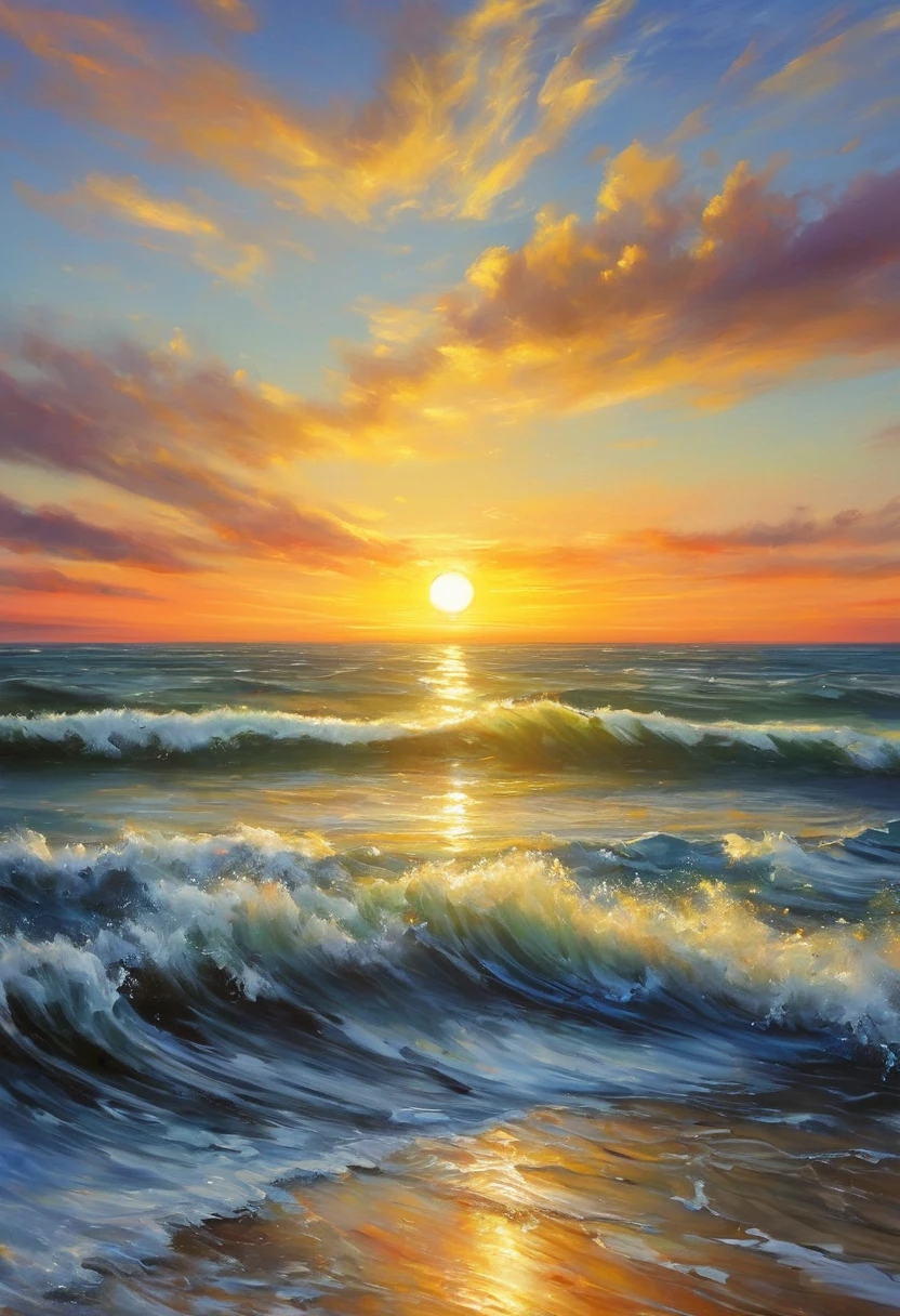 An oil painting,sunrise,Ocean,horizon,peaceful,hour glass