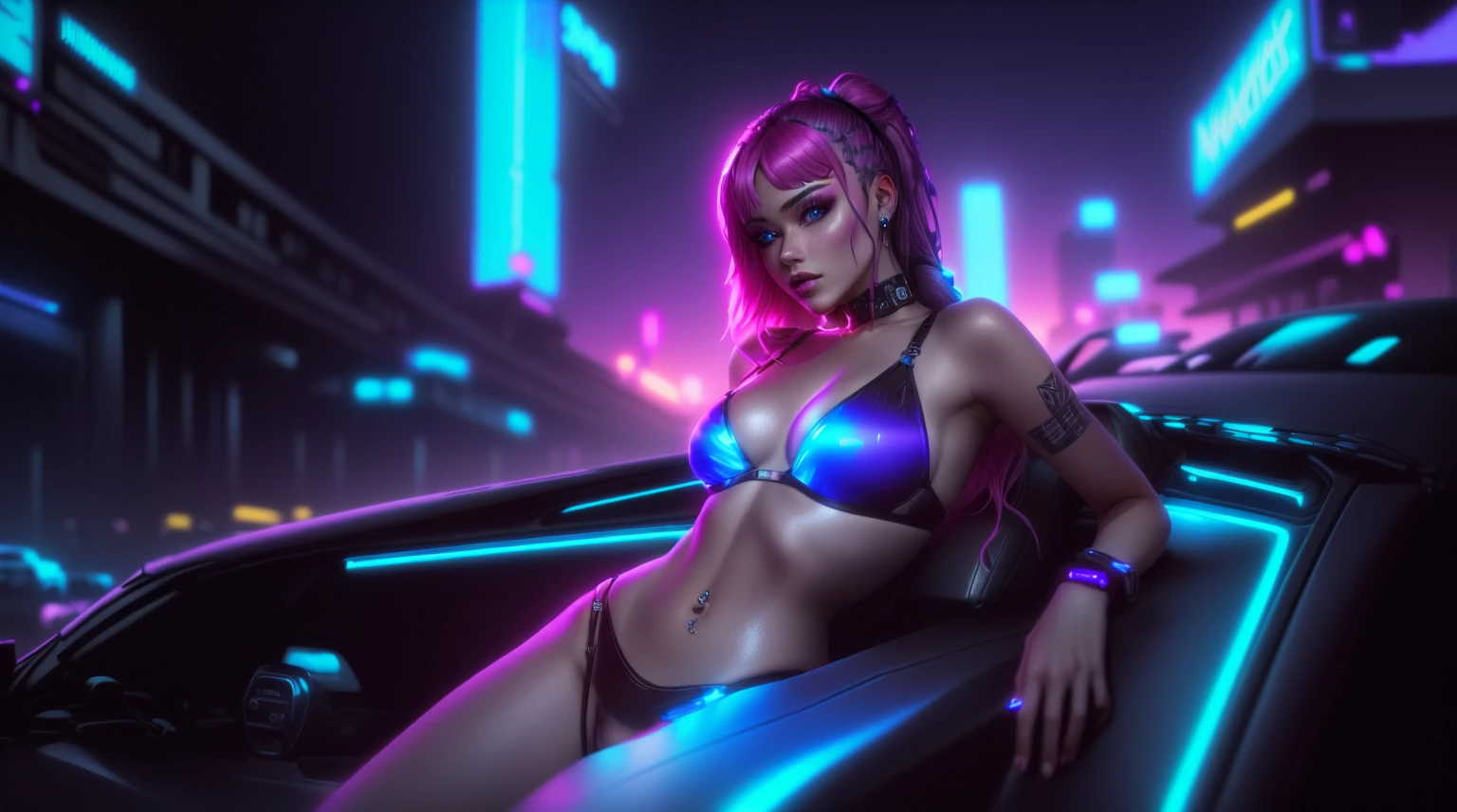 a woman in a bikini and a blue bra top leaning on a car, cyberpunk vibes, cyberpunk vibe, electronic bikini, cyberpunk 2 0 y. o model girl, dreamy cyberpunk girl, in cyberpunk style, metal bikini, in cyberpunk aesthetic, bright cyberpunk glow, sexy girl, anna nikonova aka newmilky, cyberpunk beautiful girl, ( ( ( synthwave ) ) )