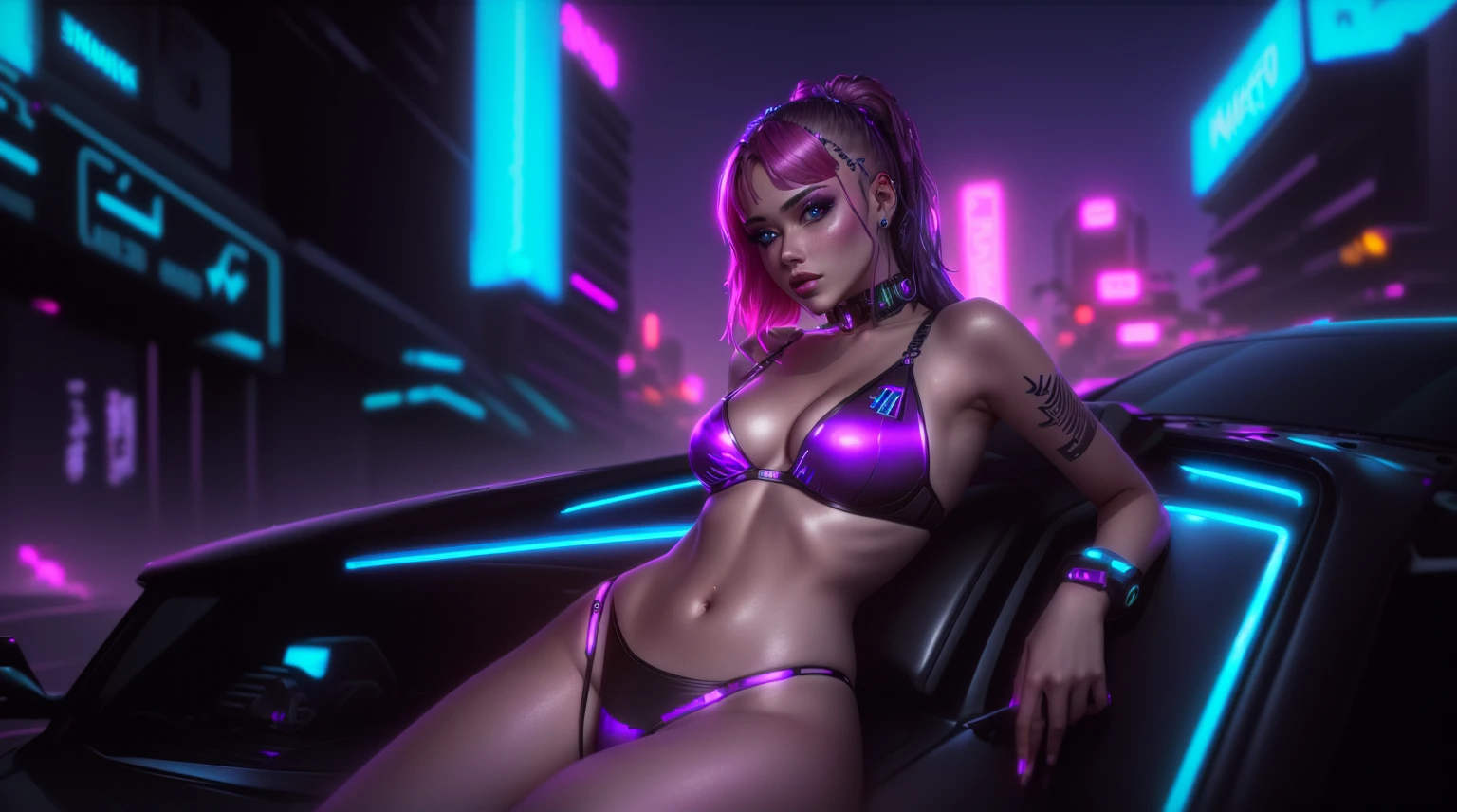 a woman in a bikini and a blue bra top leaning on a car, cyberpunk vibes, cyberpunk vibe, electronic bikini, cyberpunk 2 0 y. o model girl, dreamy cyberpunk girl, in cyberpunk style, metal bikini, in cyberpunk aesthetic, bright cyberpunk glow, sexy girl, anna nikonova aka newmilky, cyberpunk beautiful girl, ( ( ( synthwave ) ) )