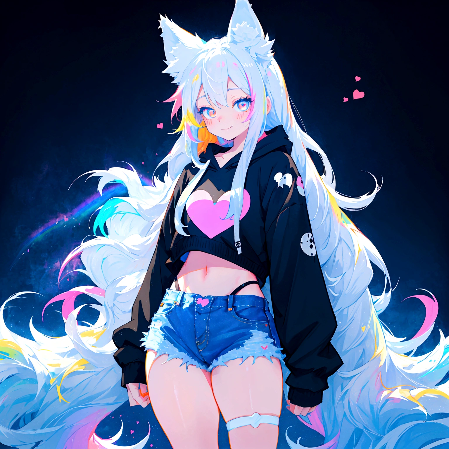 a cute adult male with wolf ears, long white hair, long locks, has a wolf tail, wearing a loose cropped black hoodie, wearing a pair of denim short shorts and fishnet stockings, thick thighs, wide hips, relaxing on mound of fluffy multi colored kawaii plushies, short, very slim, showing slender tummy, heart on hoodie, squishy thighs, has glowing blue eyes. alone, solo (ALONE)(SOLO), surrounded by rainbows, colorful galaxy backround, smiling