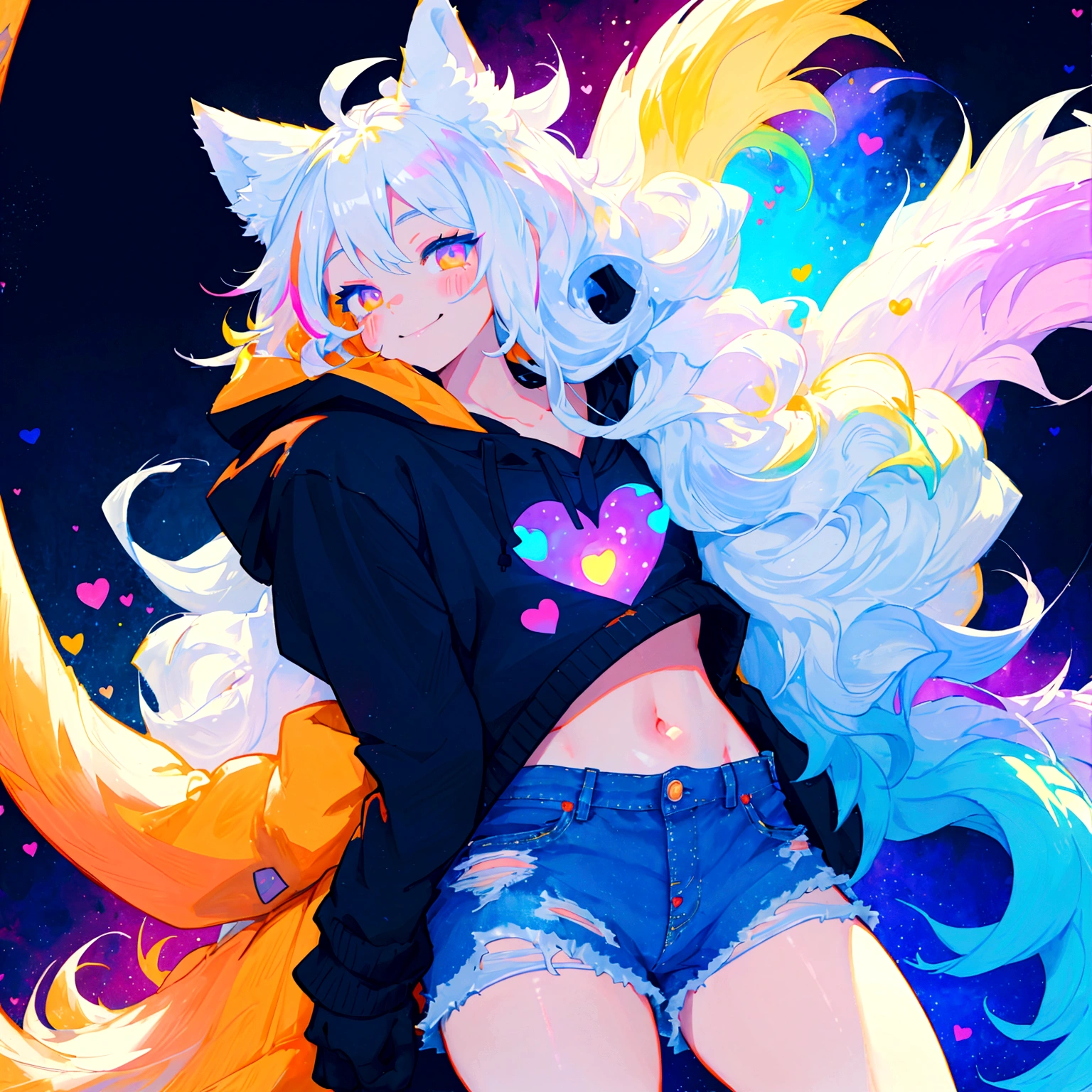 a cute adult male with wolf ears, long white hair, long locks, has a wolf tail, wearing a loose cropped black hoodie, wearing a pair of denim short shorts and fishnet stockings, thick thighs, wide hips, relaxing on mound of fluffy multi colored kawaii plushies, short, very slim, showing slender tummy, heart on hoodie, squishy thighs, has glowing blue eyes. alone, solo (ALONE)(SOLO), surrounded by rainbows, colorful galaxy backround, smiling