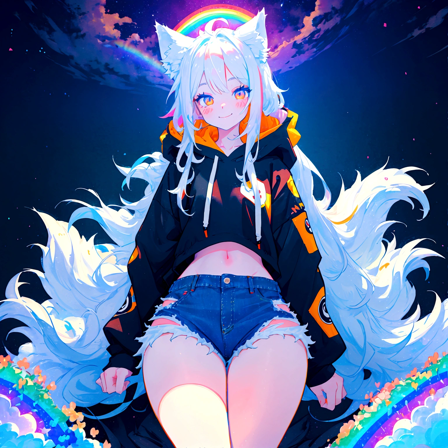 a cute adult male with wolf ears, long white hair, long locks, has a wolf tail, wearing a loose cropped black hoodie, wearing a pair of denim short shorts and fishnet stockings, thick thighs, wide hips, relaxing on mound of fluffy multi colored kawaii plushies, short, very slim, showing slender tummy, heart on hoodie, squishy thighs, has glowing blue eyes. alone, solo (ALONE)(SOLO), surrounded by rainbows, colorful galaxy backround, smiling