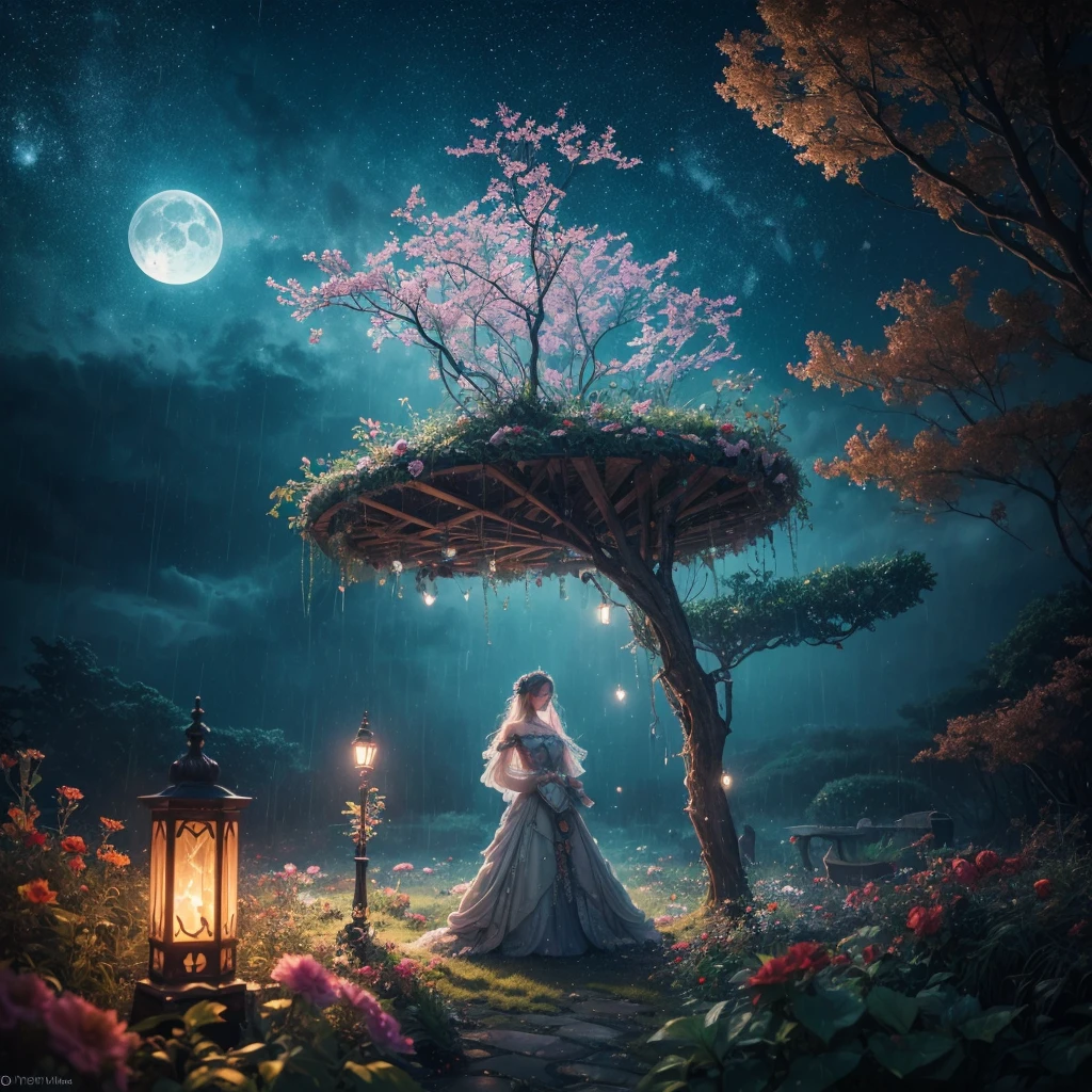 a surreal garden with clocks frozen in time, stars tied with dream threads, paper birds singing in the rain, flowers of fire blooming in the void, leaves falling in dream whispers, moon dancing in bottomless water, sky revolving around uncut stars, (best quality,4k,8k,highres,masterpiece:1.2),ultra-detailed,(realistic,photorealistic,photo-realistic:1.37),intricate details, magical realism, ethereal, whimsical, fantasy, cinematic lighting, vibrant colors, soft focus