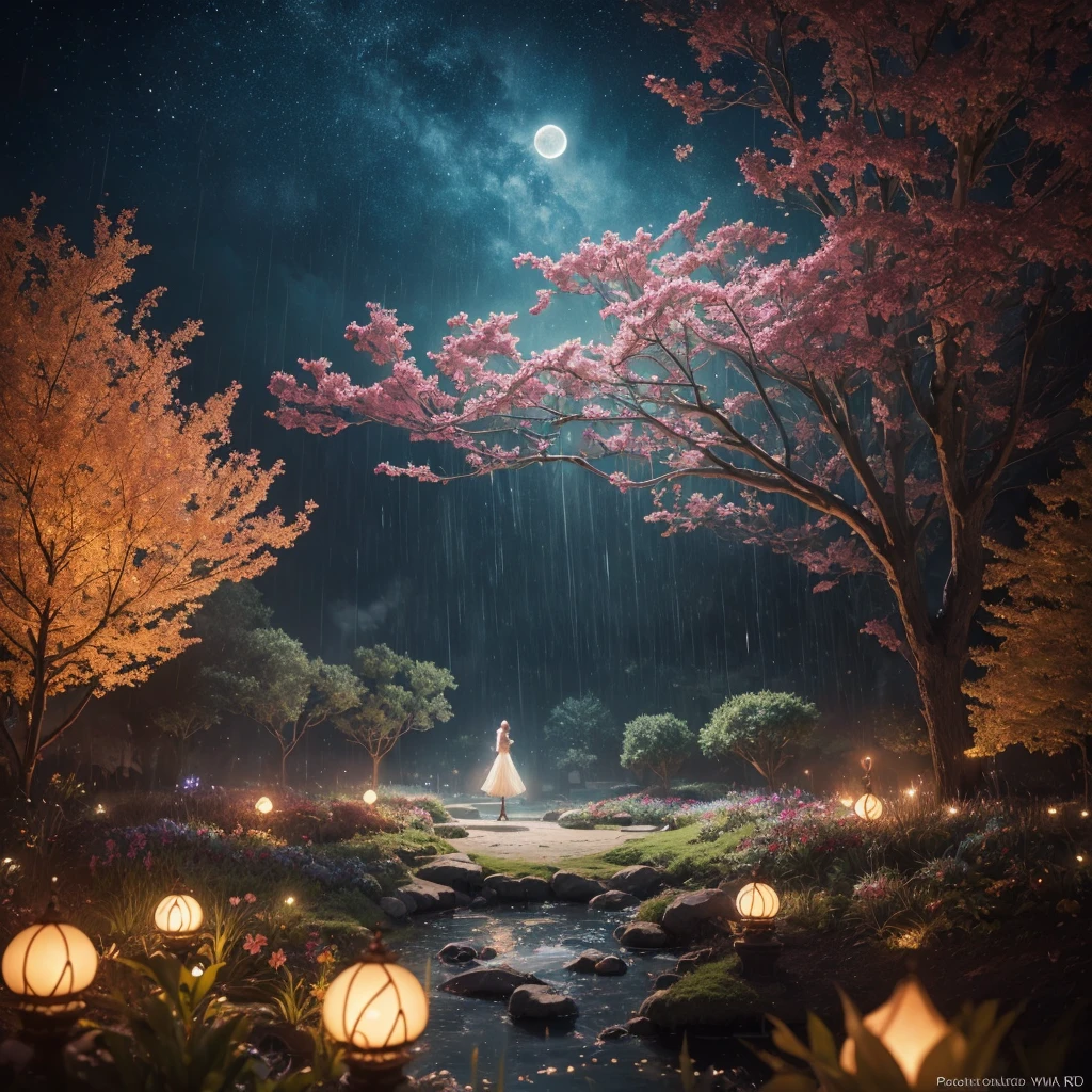 a surreal garden with clocks frozen in time, stars tied with dream threads, paper birds singing in the rain, flowers of fire blooming in the void, leaves falling in dream whispers, moon dancing in bottomless water, sky revolving around uncut stars, (best quality,4k,8k,highres,masterpiece:1.2),ultra-detailed,(realistic,photorealistic,photo-realistic:1.37),intricate details, magical realism, ethereal, whimsical, fantasy, cinematic lighting, vibrant colors, soft focus