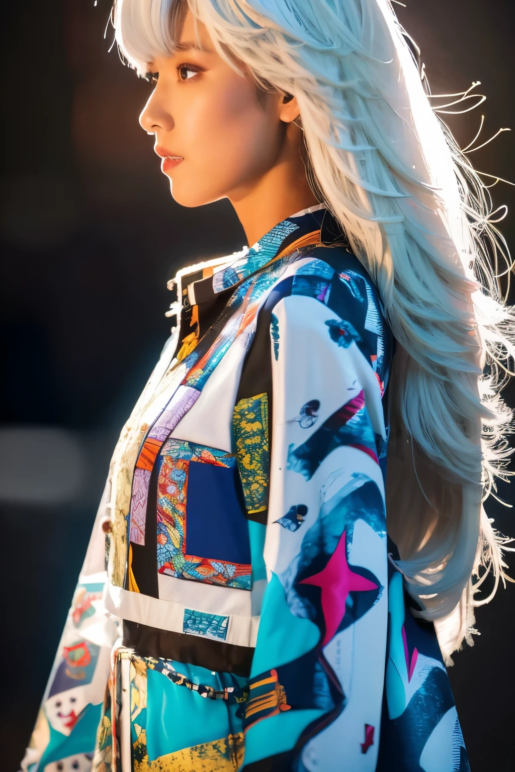 Masterpiece, high quality, high resolution, 8K, (solo:1.2), ((1girl)), Japanese woman, detailed face, detailed eyes, correct body structure, upper body, ((White hair:1.2)), very long hair, messy hair, slender body, seductive silhouette, luminous bones, depth of field, dark photo at nighttime, dimly lit, bangs, Cinematic Lighting, Tyndall effect, abstract background, futuristic outfits, vibrant colors, modern style, wide sleeves, artistic, unique patterns, colorful, stylish, trendy