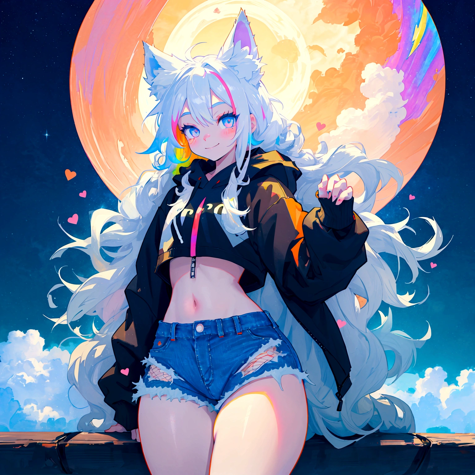a cute adult male with wolf ears, long white hair, long locks, has a wolf tail, wearing a loose cropped black hoodie, wearing a pair of denim short shorts and fishnet stockings, thick thighs, wide hips, relaxing on mound of fluffy multi colored kawaii plushies, short, very slim, showing slender tummy, heart on hoodie, squishy thighs, has glowing blue eyes. alone, solo (ALONE)(SOLO), surrounded by rainbows, colorful galaxy backround, smiling
