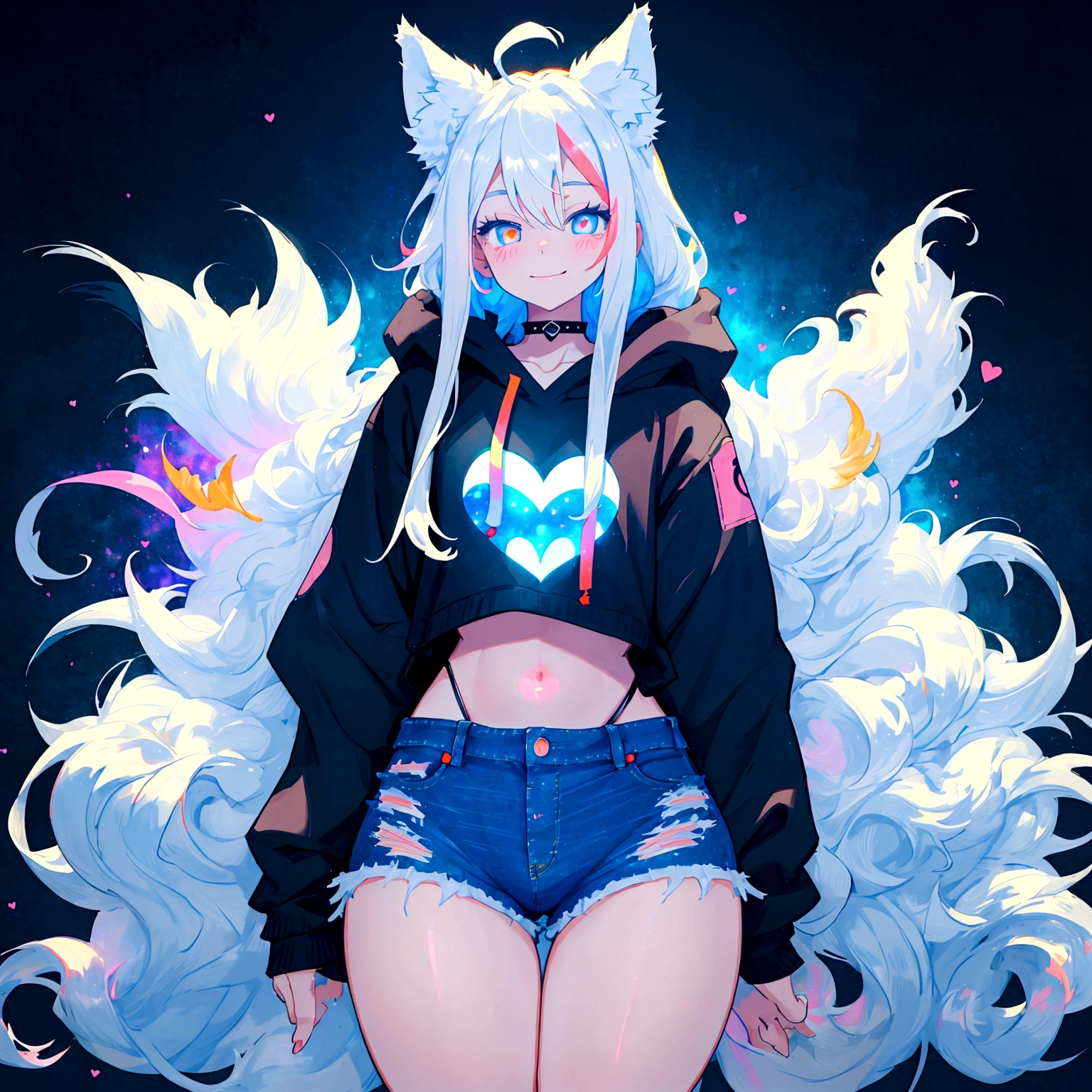 a cute adult male with wolf ears, long white hair, long locks, has a wolf tail, wearing a loose cropped black hoodie, wearing a pair of denim short shorts and fishnet stockings, thick thighs, wide hips, relaxing on mound of fluffy multi colored kawaii plushies, short, very slim, showing slender tummy, heart on hoodie, squishy thighs, has glowing blue eyes. alone, solo (ALONE)(SOLO), surrounded by rainbows, colorful galaxy backround, smiling