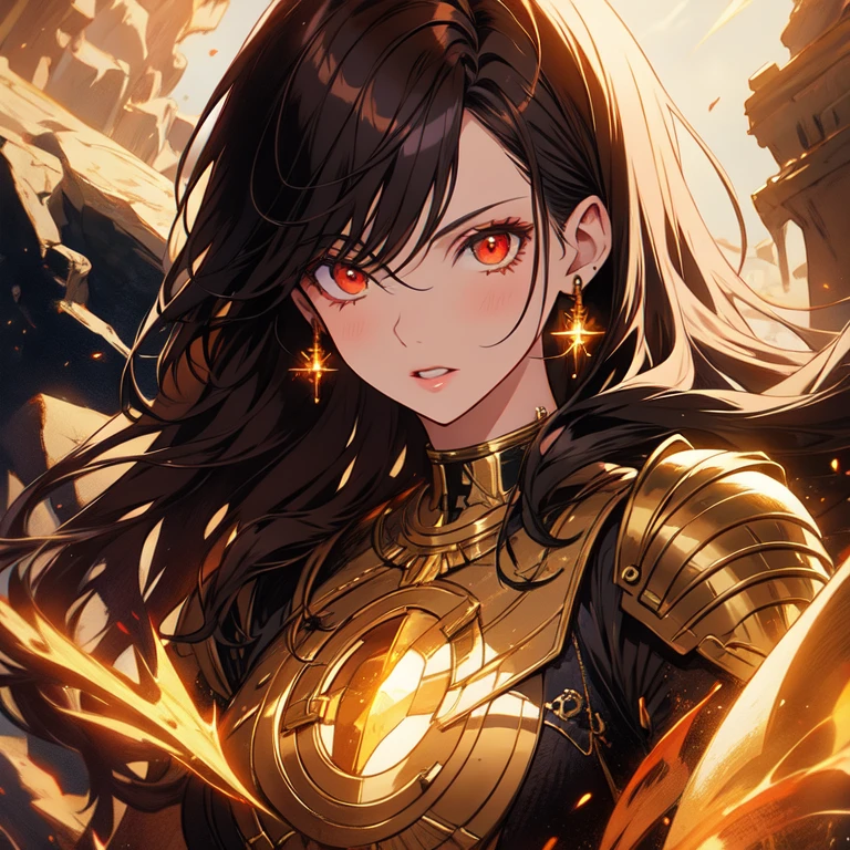 a beautiful woman standing showing her entire body, adventurer with brown hair wearing full armor, detailed armor, face detailed, Eyes red. red detailed, detailed skin texture, detailed hair, highly detailed facial features, dramatic lighting, film composition, epic fantasy, digitalpainting, conceptual artwork, best qualityer, Masterpiece artwork, dynamic pose, full body