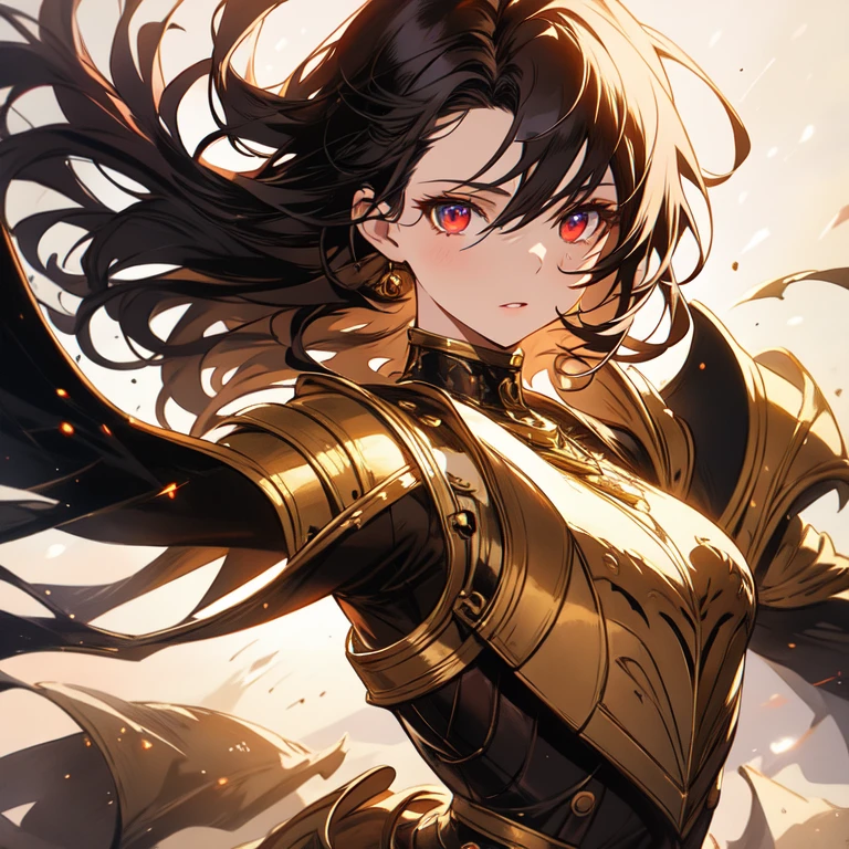 a beautiful woman standing showing her entire body, adventurer with brown hair wearing full armor, detailed armor, face detailed, Eyes red. red detailed, detailed skin texture, detailed hair, highly detailed facial features, dramatic lighting, film composition, epic fantasy, digitalpainting, conceptual artwork, best qualityer, Masterpiece artwork, dynamic pose, full body