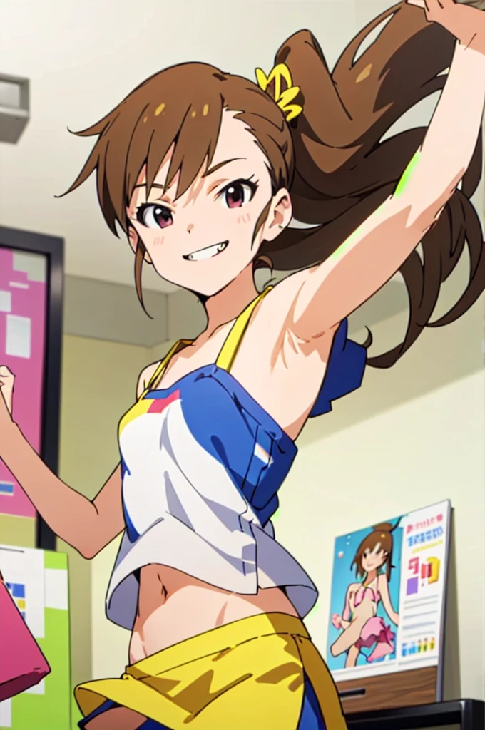 (((pixel-perfect, detail-perfect))), solo, 1girl, mami futami, camisole,armpit,miniskirt,socks,navel,tongue (symbol), , looking at viewer, smile, grin,my room,