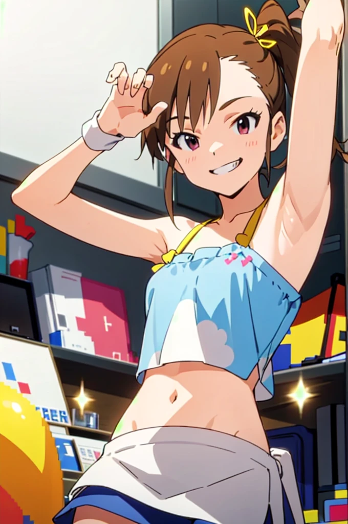 (((pixel-perfect, detail-perfect))), solo, 1girl, mami futami, camisole,armpit,miniskirt,socks,navel,tongue (symbol), , looking at viewer, smile, grin,my room,