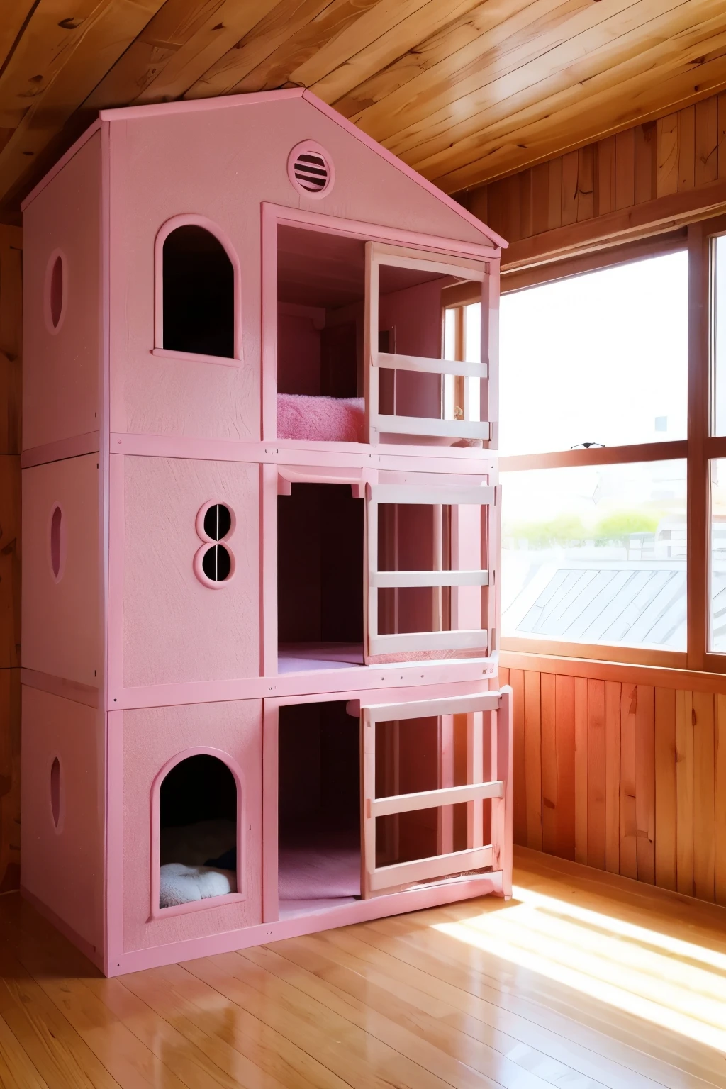 Indoor wooden cat house,4-story height,Pink surface,Plush texture,Unique art form、Sunlight、There are 2 cats,