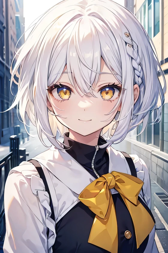 girl, cute anime girl, smiling, white hair, short hair, hair in a braid on the side, messy hair, light yellow eyes moe style anime
