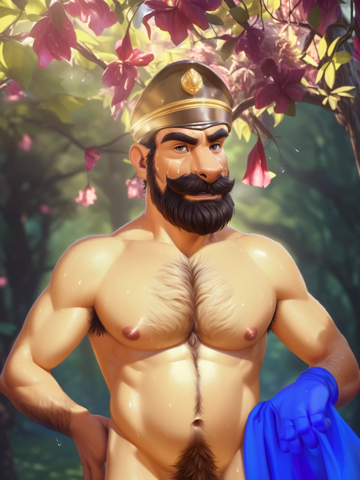 Captain haddock, (pose:Full Body Shot), (posing:Full Body Shot), (soft shading), (((4k, hi res, Ray tracing))), ((((extreme detailed sweat drops, glistening, glistening body))), (((five fingers, detailed hands))), ((detailed face, (detailed eyes:1.0), detailed)), by zackarry911, by zaush, (by personalami:0.5), looking at viewer, (((horny))), (((old and wise))),shirtless, 1boy, (((Highly detailed jewelry))), standing, closed mouth,(((Armpit hair, Mustache,body hair, nude, chest hair, beard, tuft, chest tuft, arm tuft,puffy nipples))),(((muscular, dad bod))) ,male focus, white hair, (((naked, nude))), nature, formal, captain hat, (((extreme detailed chest hair,pubes hair,navel, belly hair))),