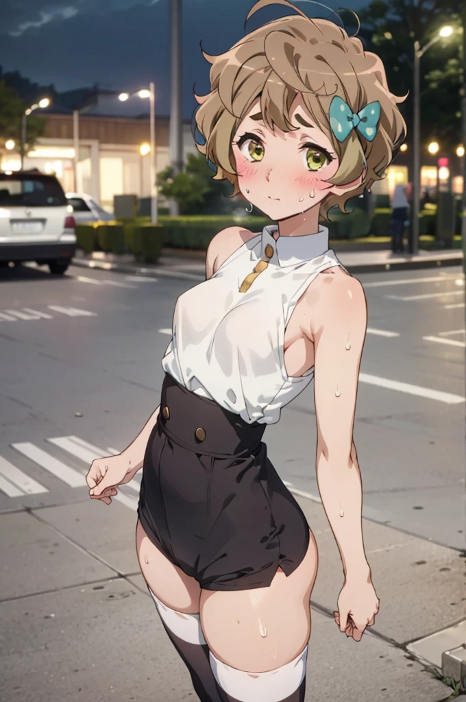 solo, 1girl, looking at viewer, , sapphire kawashima, ,(((Sweating,blush))),outdoor,night,standing,,socks,small breasts,nsfw,shoulder strap,high waist shorts,sleeveless,sweater