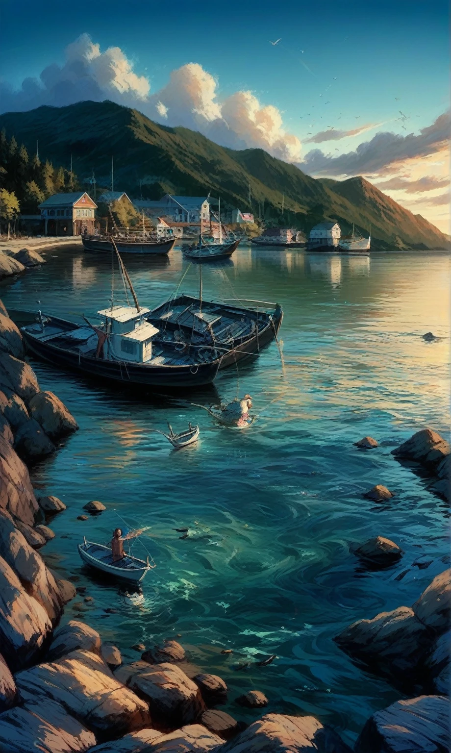 Fishing port with blue sky, reflection in the water, sea and small fishing boat, vivid colors with realistic animation, top quality, masterpiece, 8K, vibrant landscape