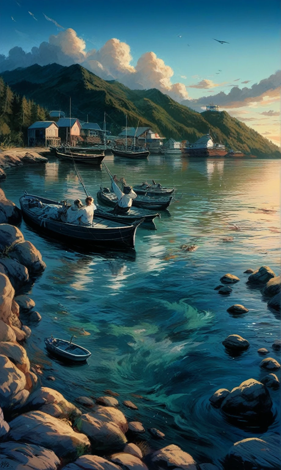 Fishing port with blue sky, reflection in the water, sea and small fishing boat, vivid colors with realistic animation, top quality, masterpiece, 8K, vibrant landscape