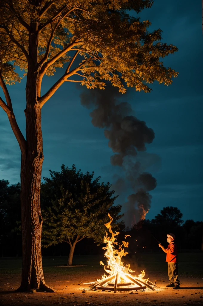 A tree with fire and a boy next to it