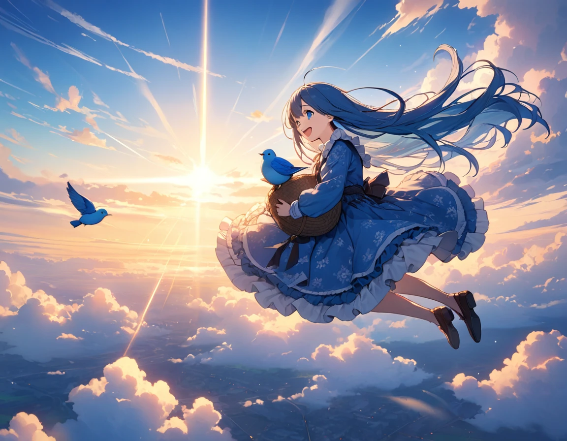 (8K, best quality, master piece: 1.2), super high resolution,1girl,yo,ultra-detailed face,beautiful detailed eyes, luscious eyes,extra long hair,straight hair,blue hair,the girl is walking in the air straddling and riding on a large blue bird,enjoy,smile,open mouth,Wearing floral pattern blue ruffle dress,The blue bird is big and graceful and carrying a dwarf girl on its back,above the sky,crepuscular rays,Blue sky,aerial shot
