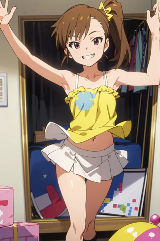 (((pixel-perfect, detail-perfect))), solo, 1girl, mami futami, camisole,armpit,miniskirt,socks,navel,tongue (symbol), , looking at viewer, smile, grin,my room,