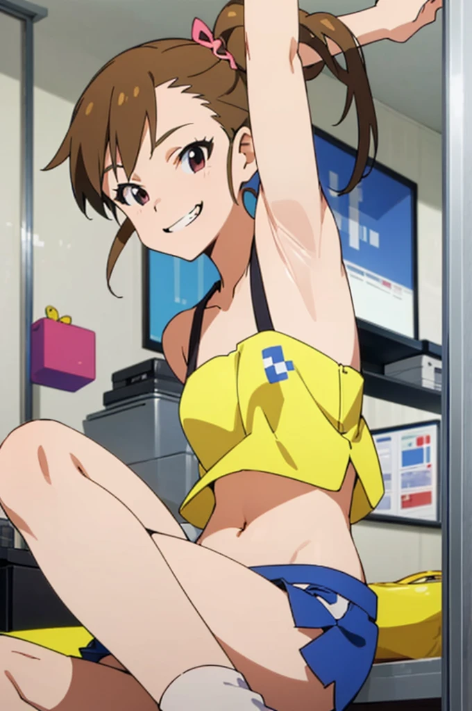 (((pixel-perfect, detail-perfect))), solo, 1girl, mami futami, camisole,armpit,miniskirt,socks,navel,tongue (symbol), , looking at viewer, smile, grin,my room,