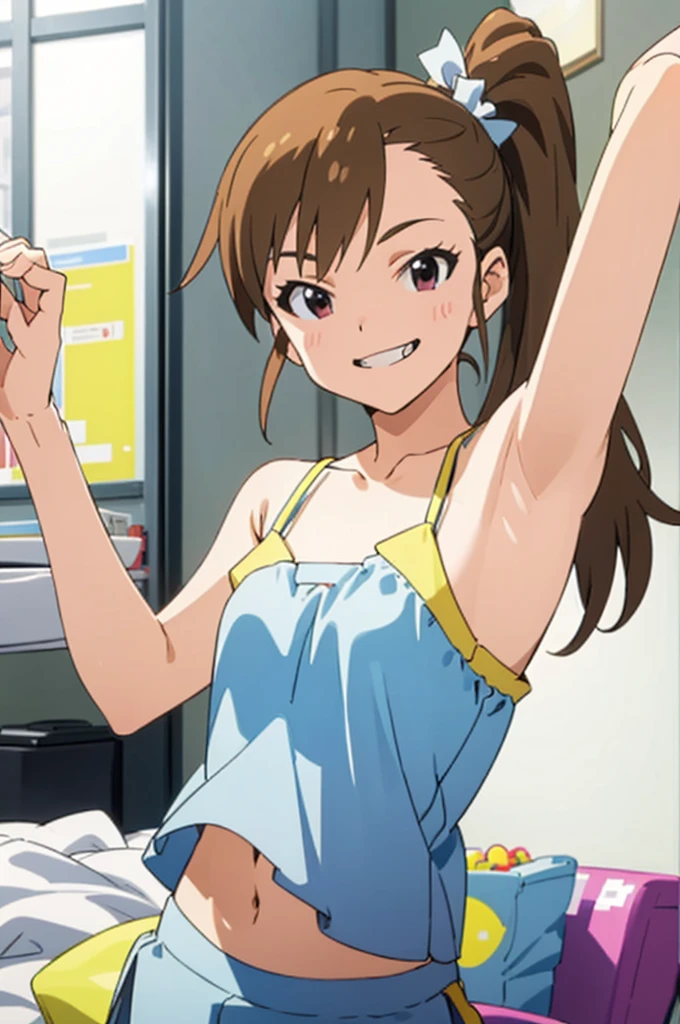 (((pixel-perfect, detail-perfect))), solo, 1girl, mami futami, camisole,armpit,miniskirt,socks,navel,tongue (symbol), , looking at viewer, smile, grin,my room,