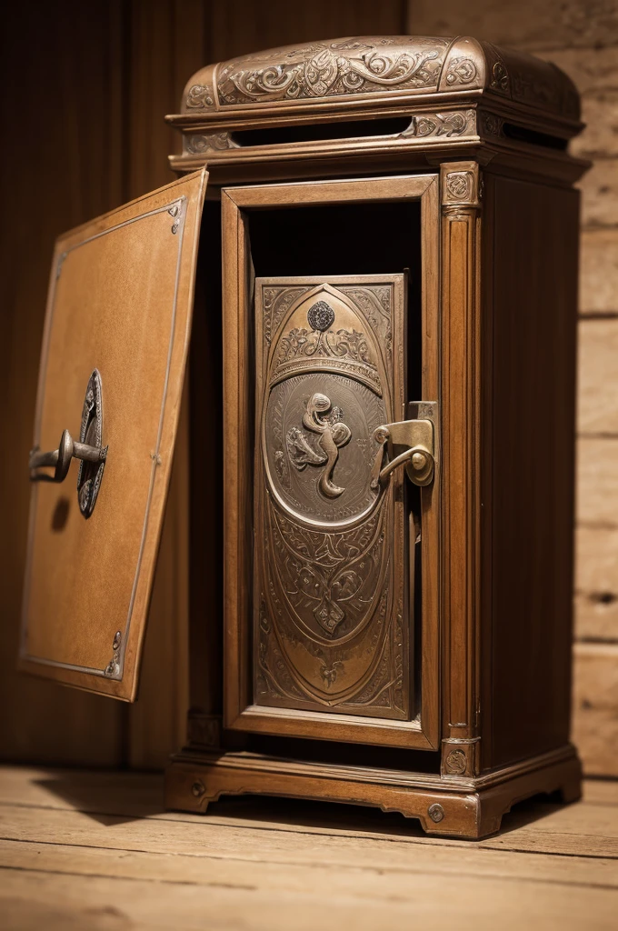 Illustrate an antique safe, being open. Inside it must be a sensual woman, holding a diary and making a silence sign.