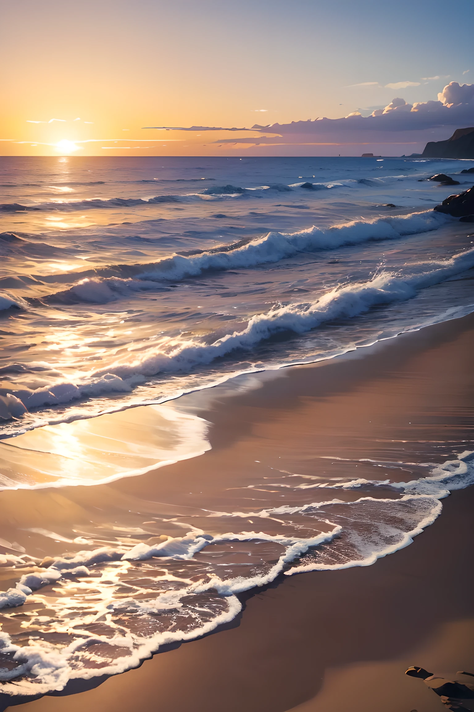 sunrise on the beach with waves crashing in front of the shore, a photorealistic painting by Don Reichert, shutterstock contest winner, fine art, sunrise, beautiful sunrise, sunrise light, which shows a beach at sunrise, golden bay new zealand, sunrise glow, vibrant sunrise, sunrise on the beach, breath taking, warm glow, soft glow, sun rising