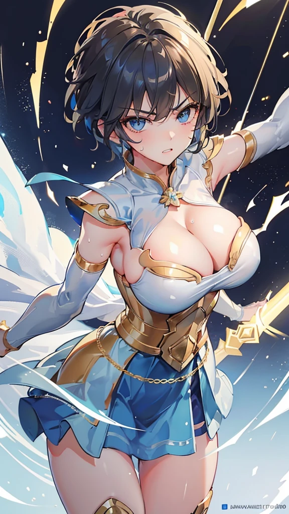 Highest image quality，Outstanding details，Ultra-high resolution，4K image, assembly, best quality, masterpiece, movie lighting ，Sexy，Huge breasts，cleavage，Act fast，In battle，Sweat，light blue short hair，muscle，Dance with spear in hand，Snowflakes are rising all around，golden armor，anger，on the battlefield，Sunlight