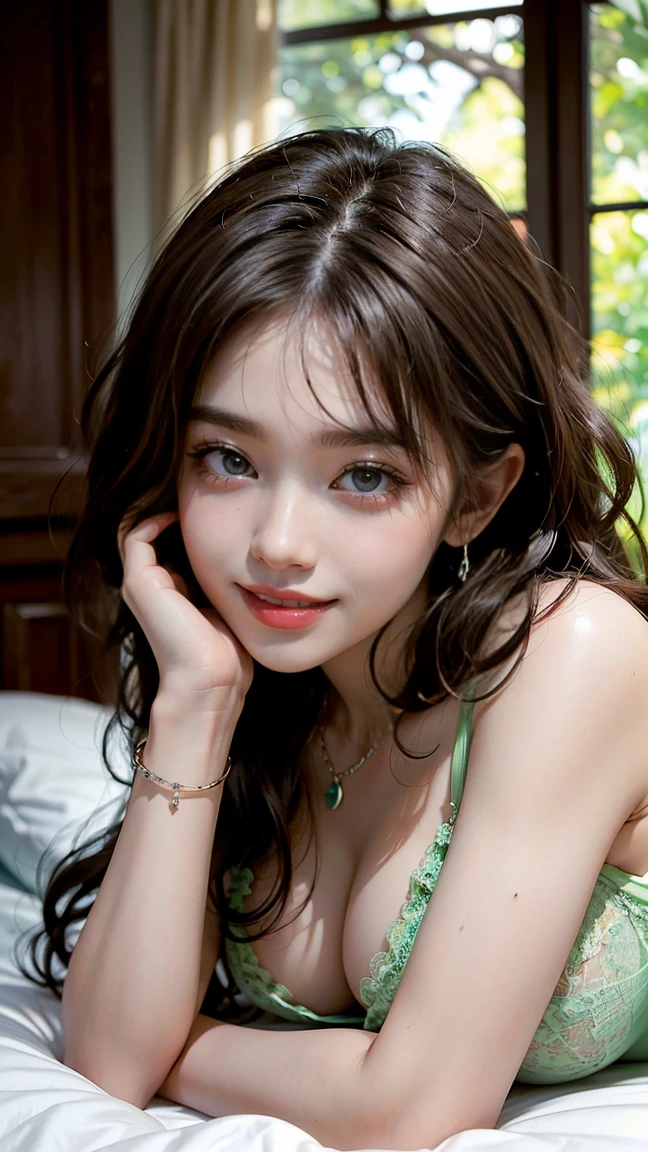 (Masterpiece, BestQuality:1.3), (ultra detailed:1.2), (hyperrealistic:1.3), (RAW photo:1.2),High detail RAW color photo, professional photograph, (Photorealistic:1.4), (realistic:1.4), ,professional lighting, (japanese), beautiful face, (realistic face), cute woman, (Big Tits:1.5), (cheerful Smile:1.35), Trending Hair&Trending Hairカラーをランダムに, earrings, necklace, bracelet, sexly, erotic sexly, Random sexy gravure poses, (A beautiful brunette woman in light green lace lingerie is smiling sexily in bed。Her hair is short and wavy.、Lying down。:1.3)