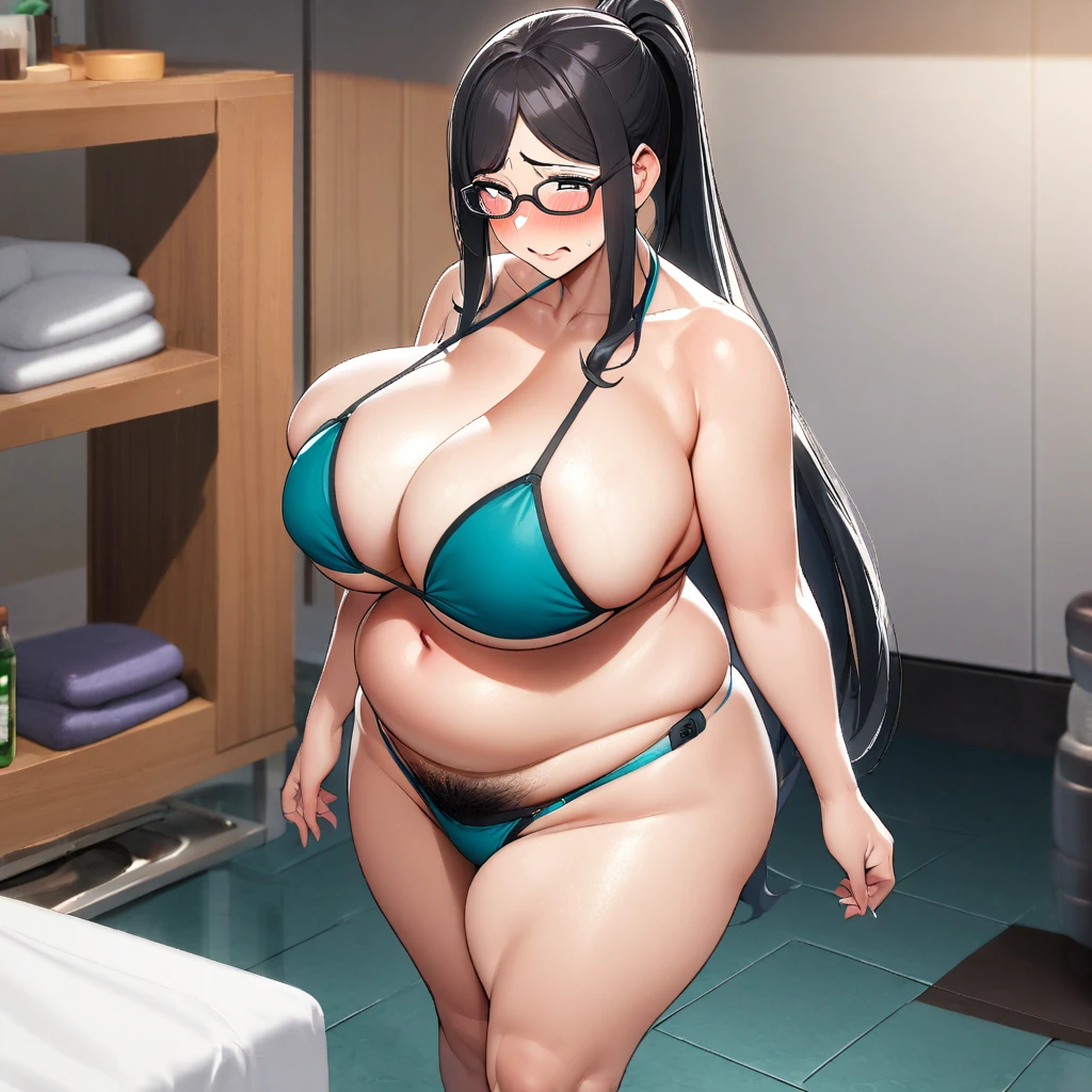 1girl,solo,Mature Woman,married woman,Black Hair,long pony hair,Glasses,mother,nervous,disgrace,blush,Super huge breasts,plump,Big thighs,pubic hair,only bikini,Wearing nothing but a bikini,Are standing,Looking at this,Inclusive,Massage salon background