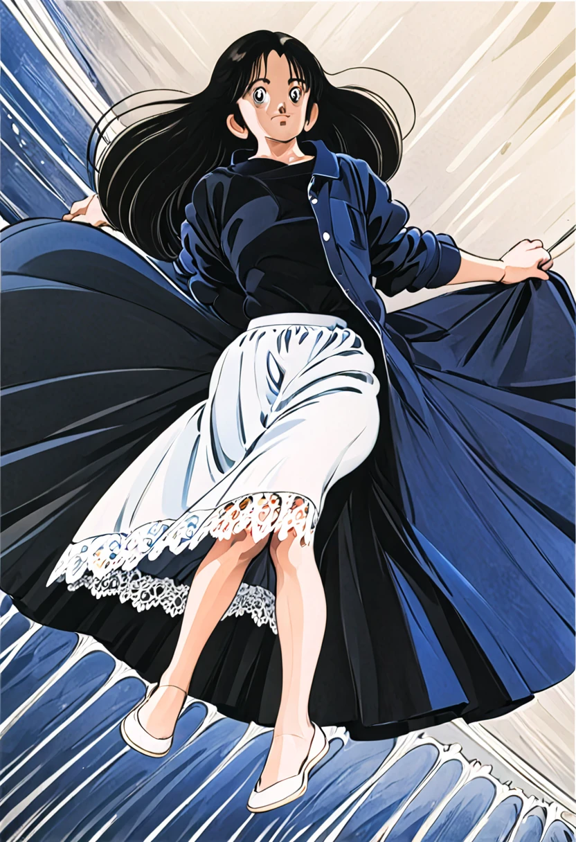 音無響子制服のLong skirt、The color is dark blue、
Low - Angle、制服のLong skirt、The color is dark blue、
Low - Angle、Long skirt、Hold down your skirt that is being blown up by the strong wind、Anime white panties in a strong wind、Crotch is visible
ローレグのパンツ、Color: White、
Crotch is visible、
、Lined、White lace lining、
