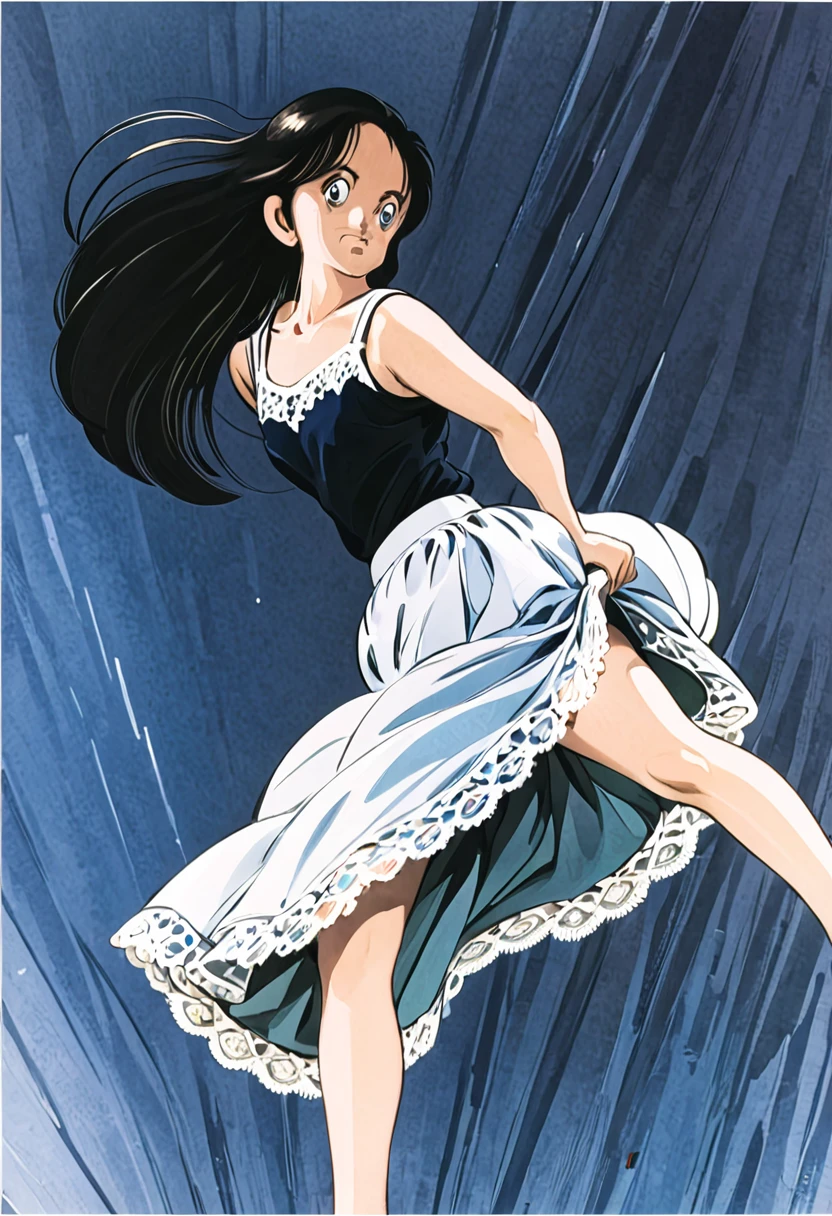 音無響子制服のLong skirt、The color is dark blue、
Low - Angle、制服のLong skirt、The color is dark blue、
Low - Angle、Long skirt、Hold down your skirt that is being blown up by the strong wind、Anime white panties in a strong wind、Crotch is visible
ローレグのパンツ、Color: White、
Crotch is visible、
、Lined、White lace lining、