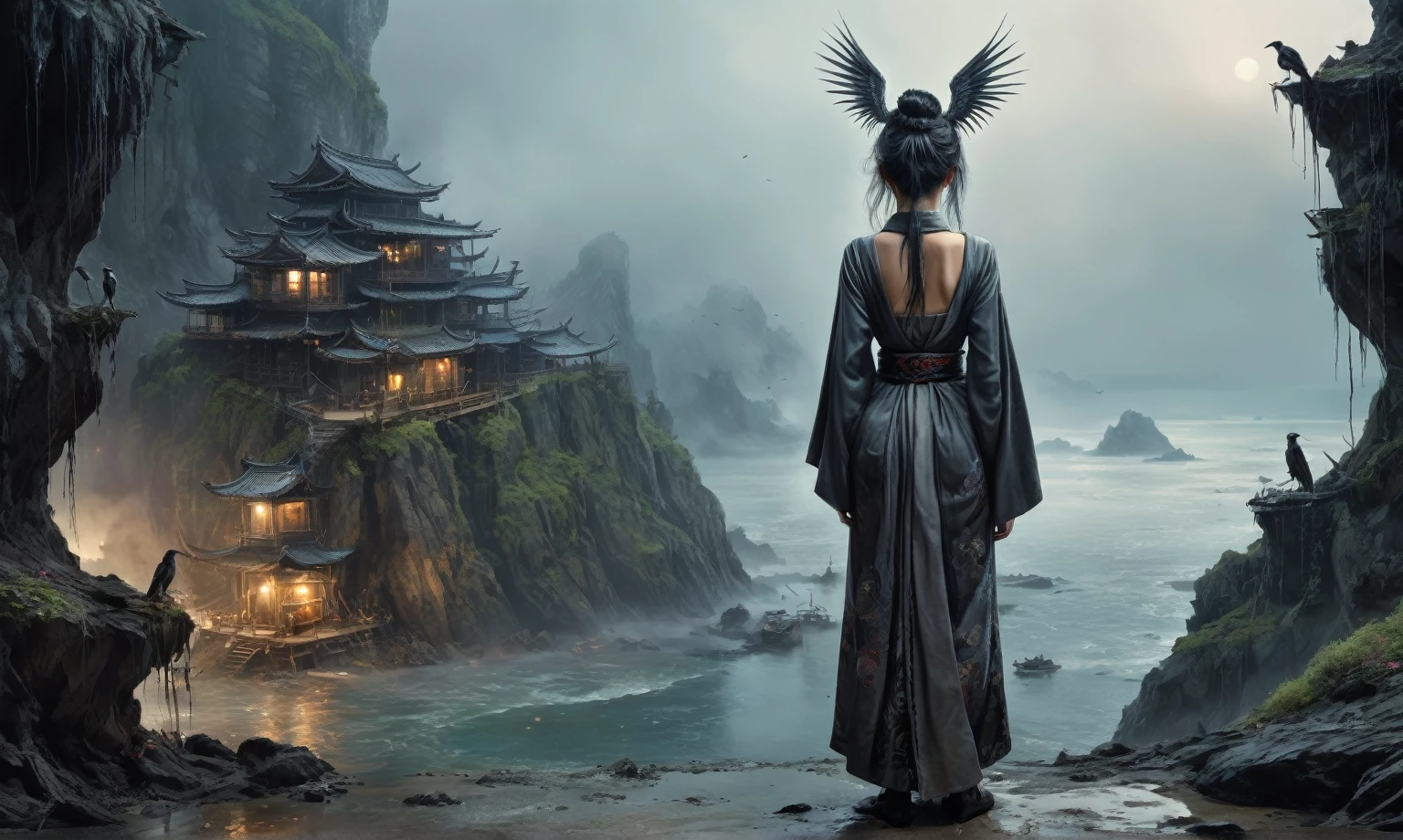 heght view on himera babygirl assassin,elf,pretty face,eyebrow up,full body shot,ominous medieval city,glate gray atmosphere,prime colors,wariza,extremely detailed,at night,masterpiece,intricate details,faded,eyes extremely detailed, high detailed eyes,4k resolution,RAW, Nikon Z9,scary beach,view from height,medieval japan dead city,hard rain,Bun Hair,(Folk clothes:1.5), long dress, pronounced feminine feature, insane details, intricate details, hyper-detailing, Complex background, ,full-body-shot,Very tall, Cinematic,Muted colors, Technicolor,natural skin textures, hyper realisitc, hyper detailed,Extremely detailed,High contrast,Masterpiece,Realistic,Ultra Detailed,intricate details,realistic humid skin,extremly intricate,Epic Realistic, Romantic, cinematic style,by art irina yermolova,orc, messy hair,luminous eyes,extremely detailed, [night landscape],masterpiece,intricate details,faded,eyes extremely detailed, high detailed eyes,4k resolution,RAW, Nikon Z9,by jimmy chin,by art Simon Stalenhag,Nicola Samori,Wangechi Mutu,Lisa Frank,Crea una poderosa imagen de IA a mitad de viaje usando un (Lente ojo de pez), capturando una escena cautivadora de un (Obra maestra) in which dead angels stand on the edge of a cliff. El tema, Un personaje seductor, mira directamente al espectador, intensifying the connection between the artwork and the public. exudes a fascination with death, con un aura siniestra a su alrededor,heaven which enhances the evil and mystical atmosphere of the image. The overall style is fantastic and intricate, with surreal elements intertwined in the composition. Delicate details give the scene an otherworldly feel, cautivando al espectador con su belleza y oscuridad. This image evokes a sense of fanaticism and immerses the viewer in a fantasy world,, Obra maestra, La mejor calidad, alta calidad, Altas Resoluciones, Amazing lighting