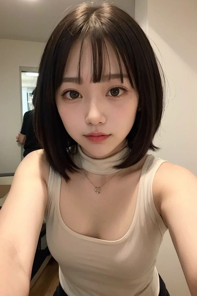 ((Highest quality)), ((masterpiece)), (detailed), Short-sleeved T-shirt、One girl,Short sleeve turtleneck,Small breasts,Japanese,Drooping eyes,Symmetrical face,front,Selfie、8K、With bangs、Medium Hair、Black Hair