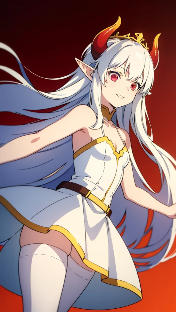 1girl,16s,small size,solo,white short dress,white hair,long hair,elf ears,horns,white pantyhose,cleavage,red eyes,gold tiara,((no background)),talking,happy,smile,separated lips,from behind